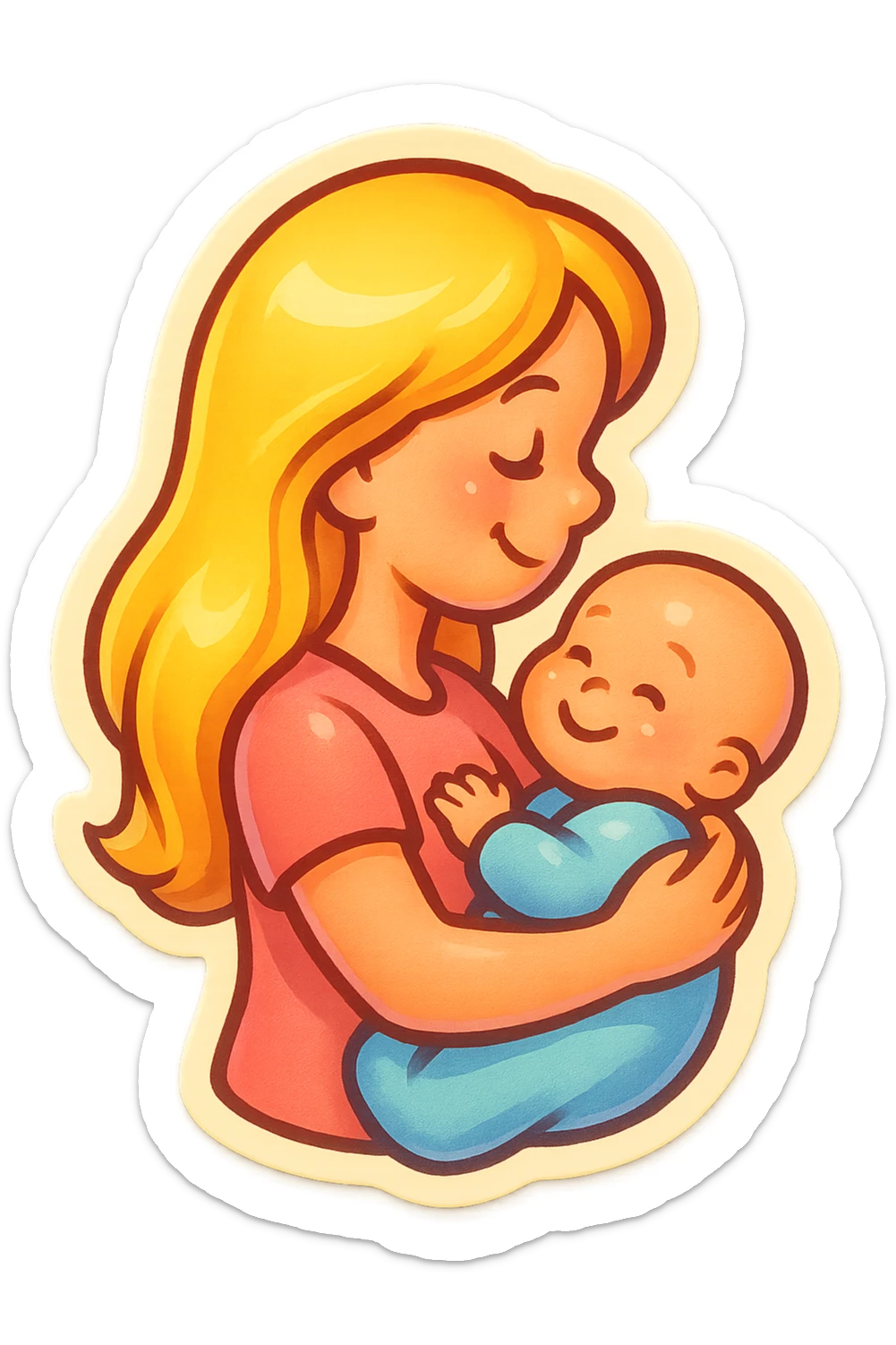 cute girl with long blonde hair holding a baby in her arms, smiling, side view, close-up, retro stickers style, thin clean outlines, soft rounded shapes, pastel palette, retro sticker aesthetic, detailed shadows and highlights, soft lighting sticker