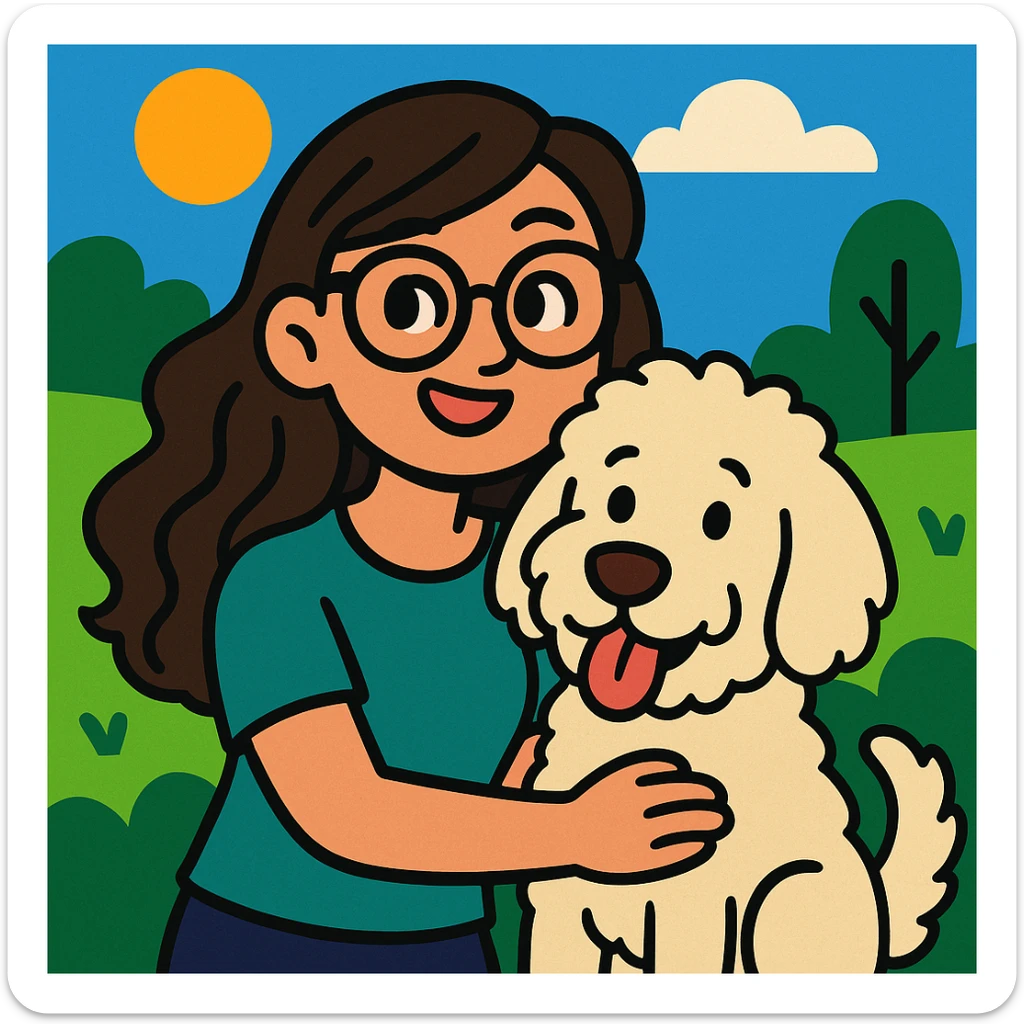 cute cartoon style brunette female with glasses and her cream colored goldendoodle sticker