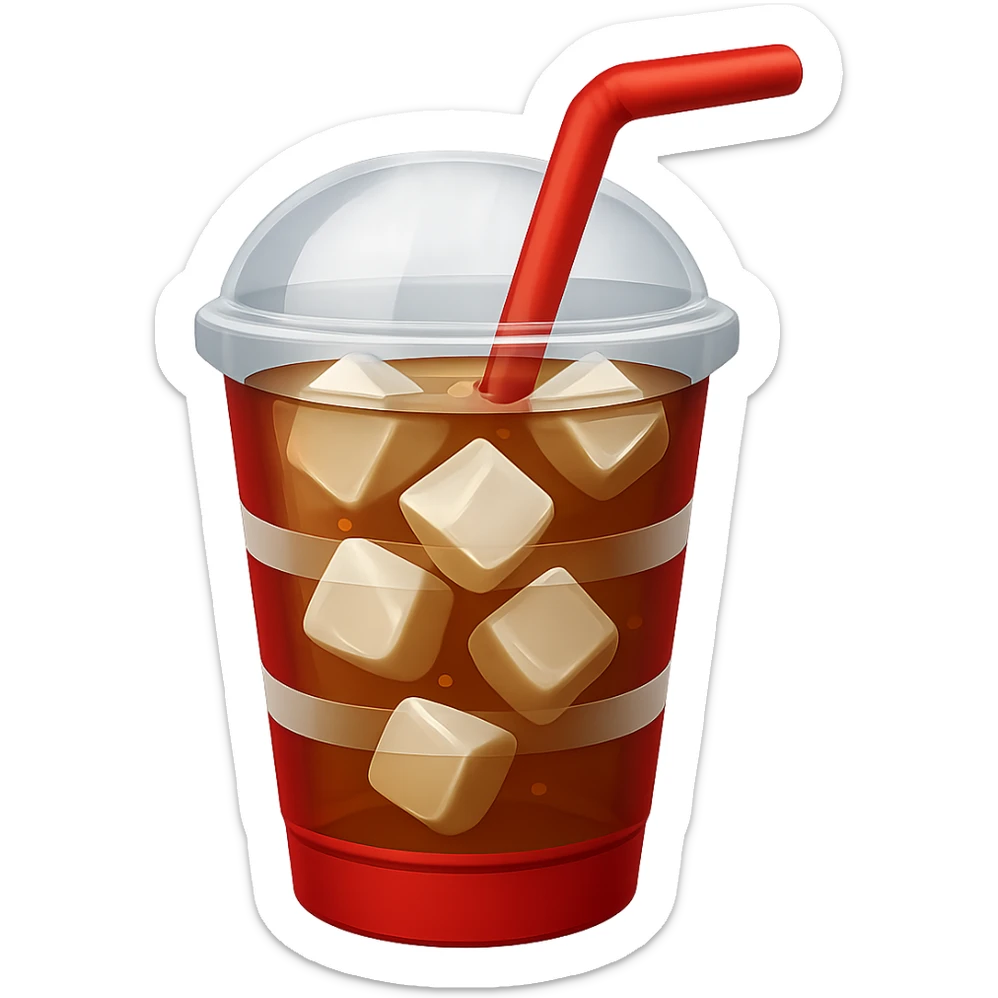 Make the soft drink cup red and white in the style of apple emojis, add visible ice cubes, with no background. Keep the emoji style look. sticker