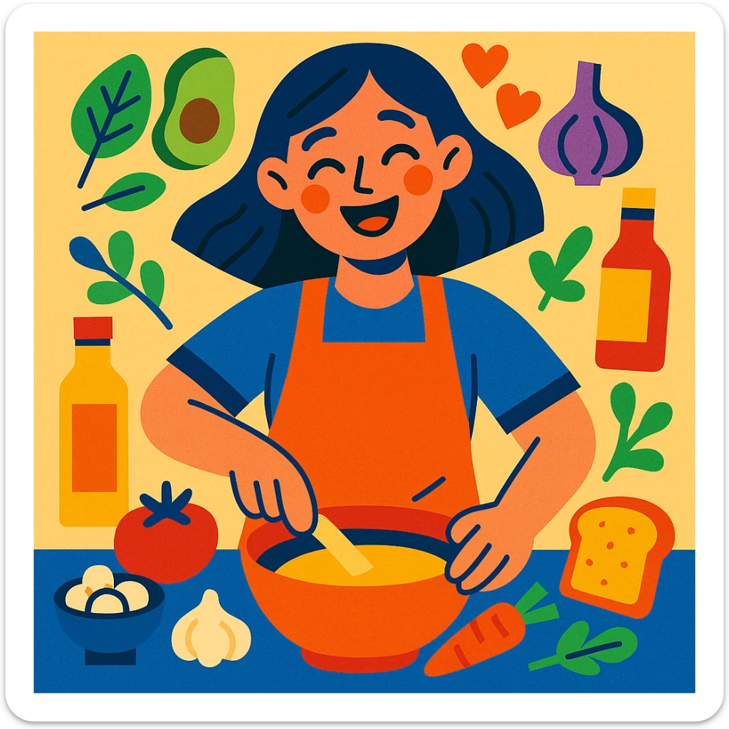 a joyful girl making food, surrounded by ingredients, radiating happiness and affection sticker