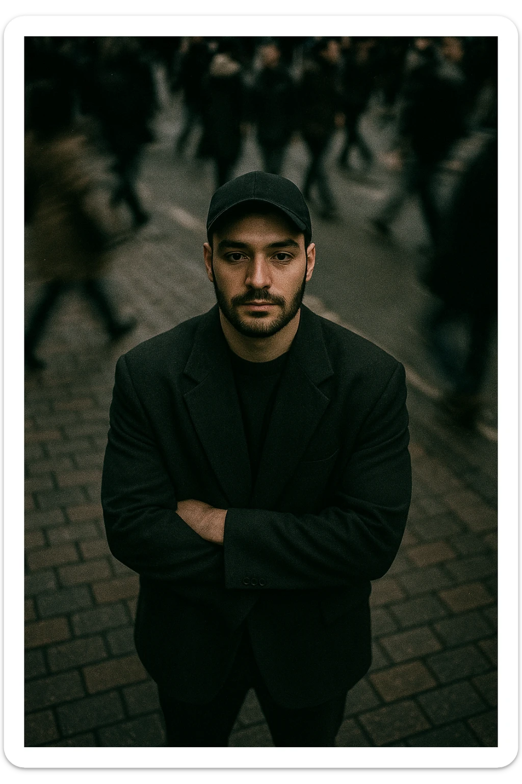 overhead shot of me standing still on a brick city sidewalk, wearing a dark oversized blazer,
motion-blurred crowd rushes past around me. Moody lighting, 35mm film look, shallow depth of field, sharp focus on me. sticker
