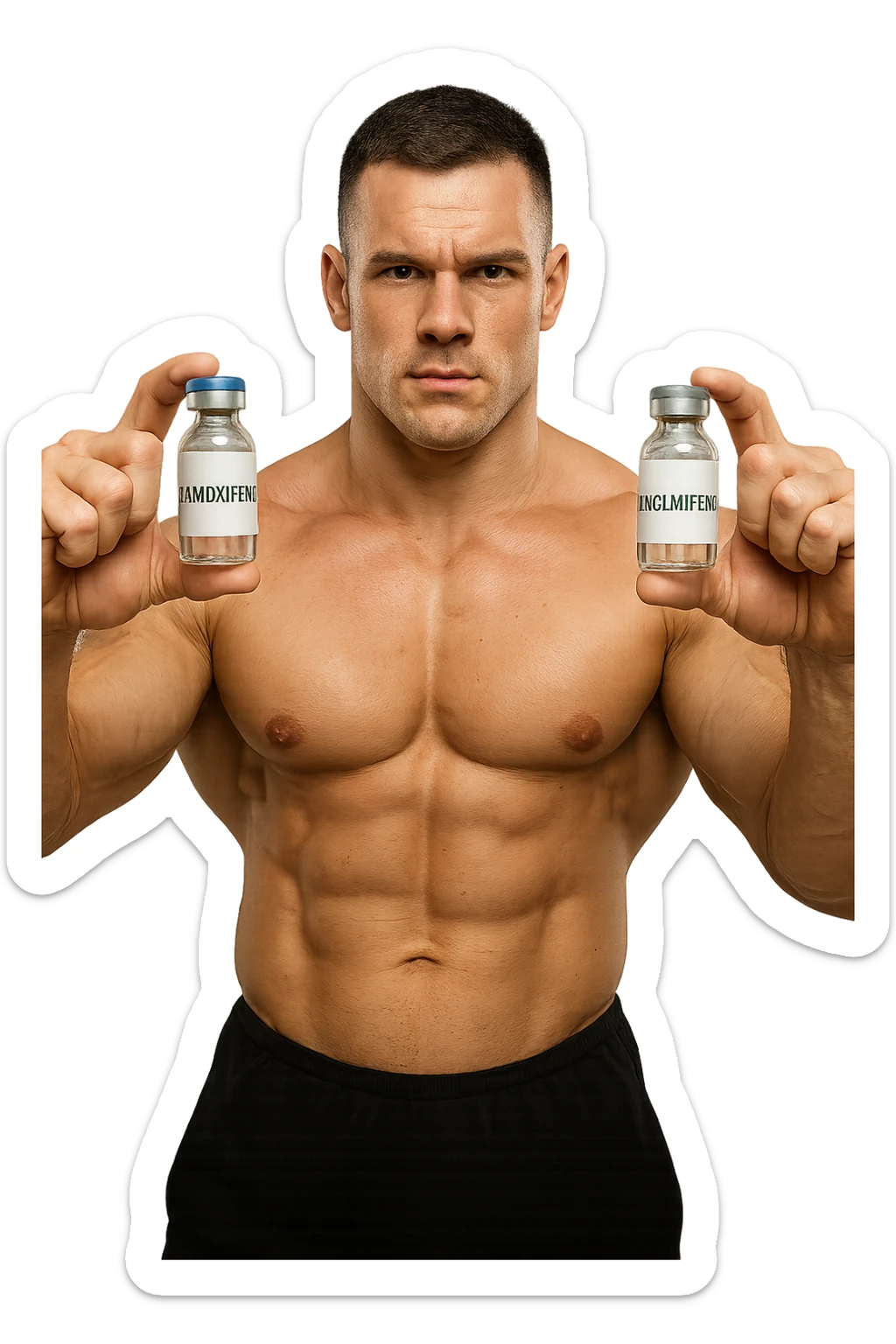 bodybuilder tiene una fiala medica con la scritta "TAMOXIF€NE" NELLA MANO DESTRA E UNA FIALA CON LA SCRITTA €NCL*MIFENE" NELLA MANO SINISTRA sticker