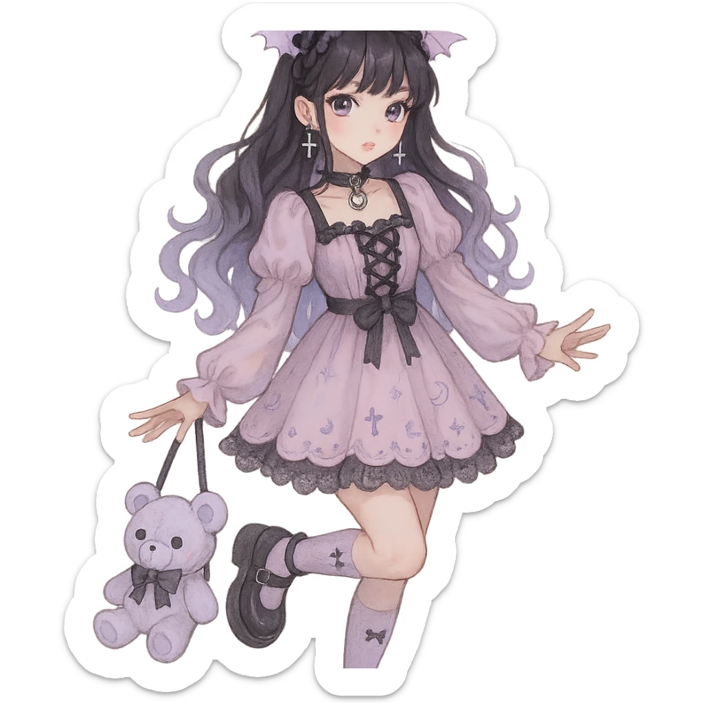 gothic K-pop girl, dreamy pastel goth style, soft colors with gothic details, whimsical pose, cute accessories sticker
