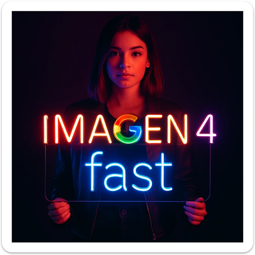 make a girl holding this sign, but sign in made of neon, also add fast below the sign sticker