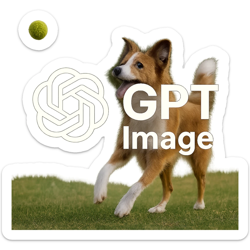 logo of chat gpt with text "GPT Image" on the background of a dog chasing ball, realistic image sticker