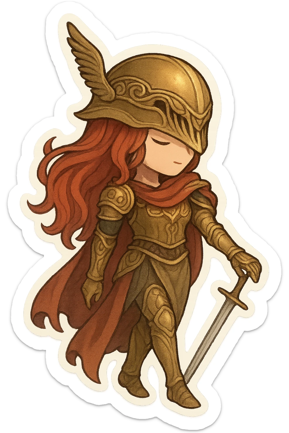 Malenia, Blade of Miquella, chibi style, helmet with feathered crest, red hair visible, golden armor, prosthetic arm, holding sword, standing in a graceful pose, fantasy boss sticker