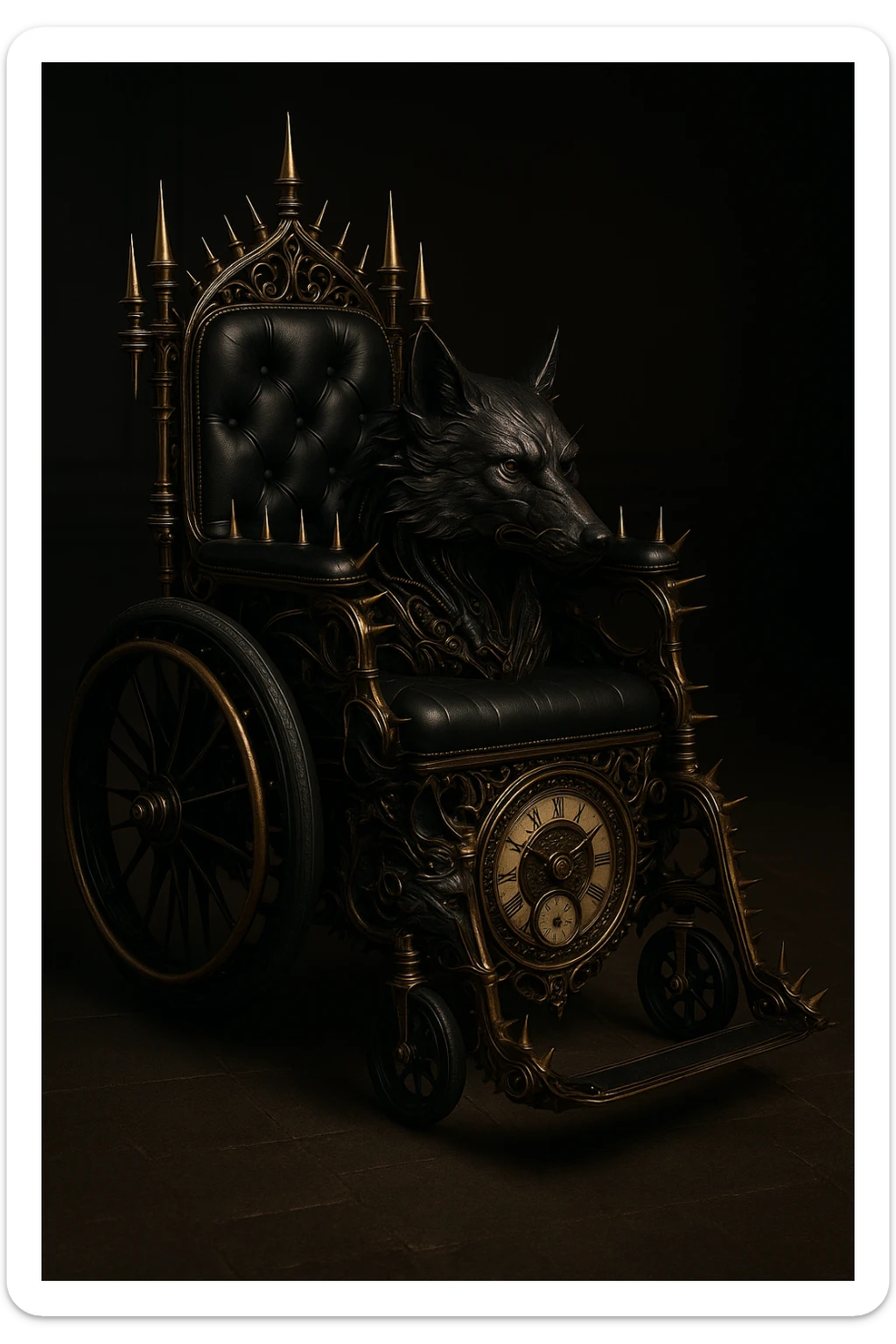 Add a gothic steampunk wolf detail to the wheelchair, keeping intricate clockwork, black leather, spiked accents, and a vintage style. The image should convey a gothic steampunk vibe with detailed mechanical and leather elements. sticker
