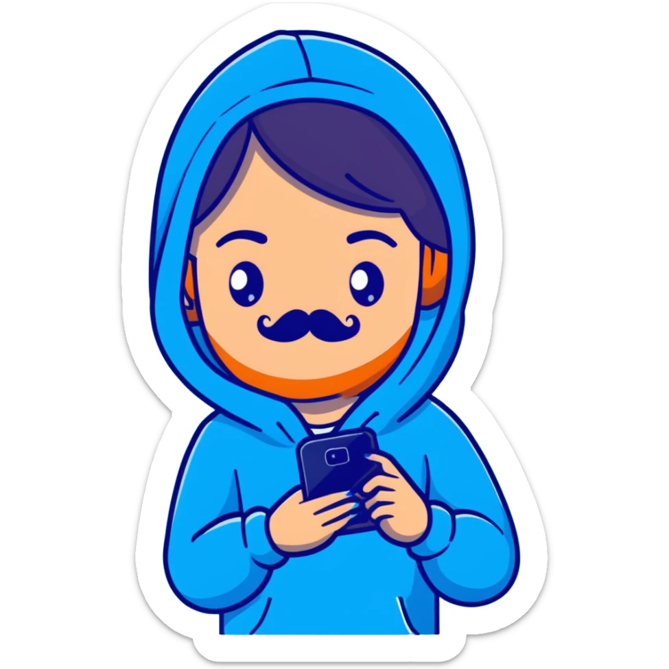 Girl with mustache in blue hoodie and phone sticker