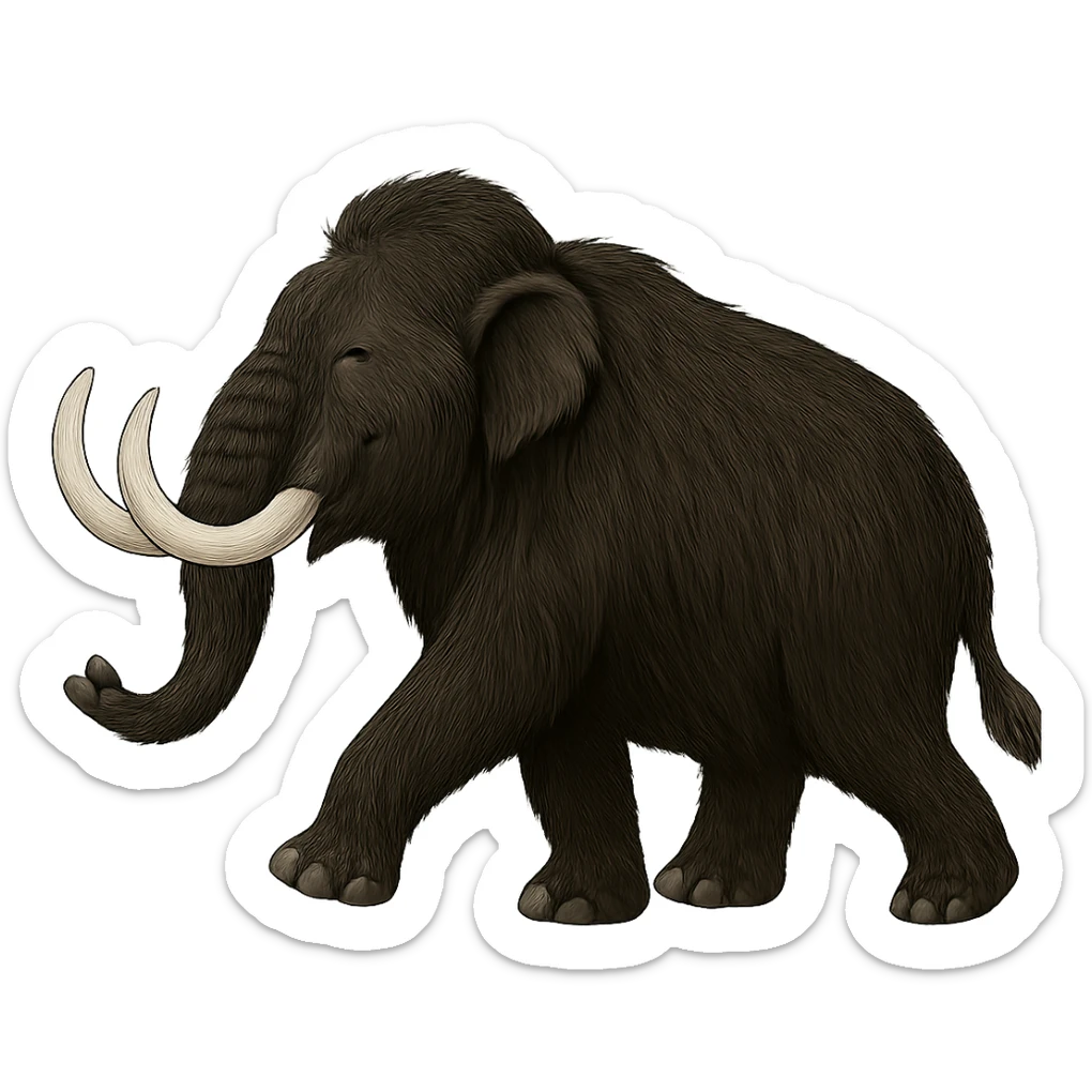 profile side view of a happy wooly mammoth with black fur and two white tusks, walking mid stride, no background sticker