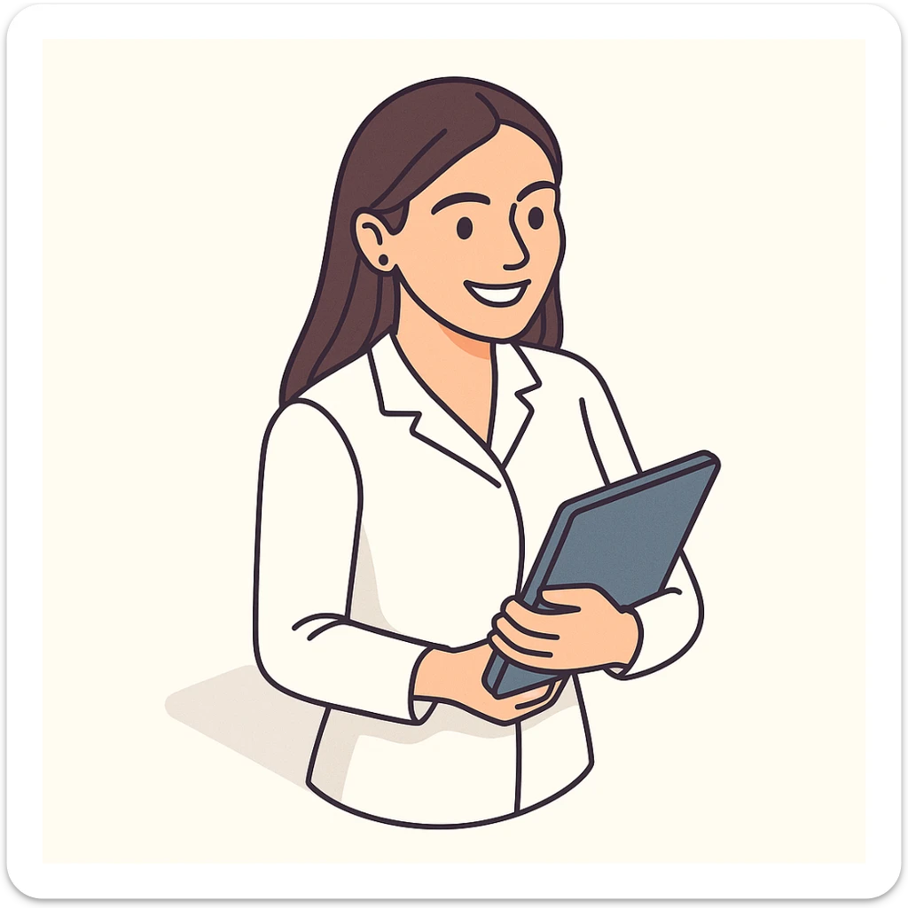 Edit the image of a female doctor with dark long straight hair and brown eyes, smiling, wearing a white medical coat in 2D isometric style with a minimalist background. Add a variation where she holds a tablet or notebook in her hand. sticker