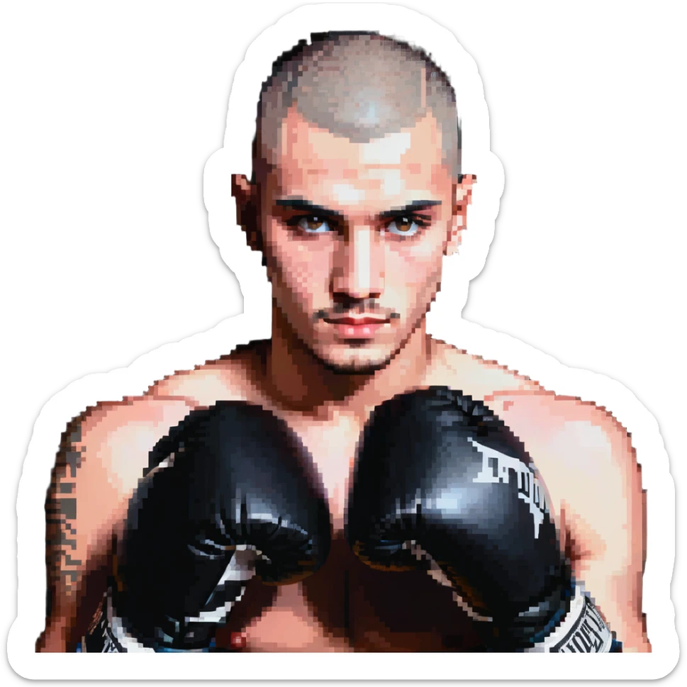 white man with dark hair, dark eyes, buzzcut faded haircut, wearing boxing gloves sticker