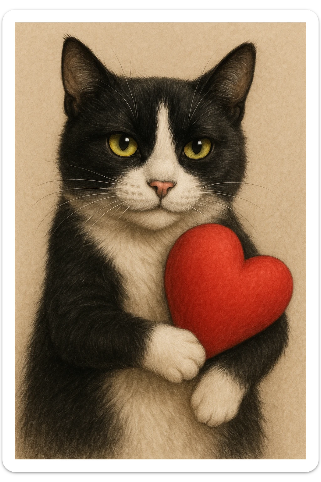 Edit the image of a tuxedo cat with yellow-green eyes and a predominantly white muzzle with a symmetrical black patch on the forehead and around the eyes. The cat is squeezing a red heart tightly positioned on one side. Maintain the affectionate expression. The style should match the reference image exactly, preserving the same artistic style and details. sticker