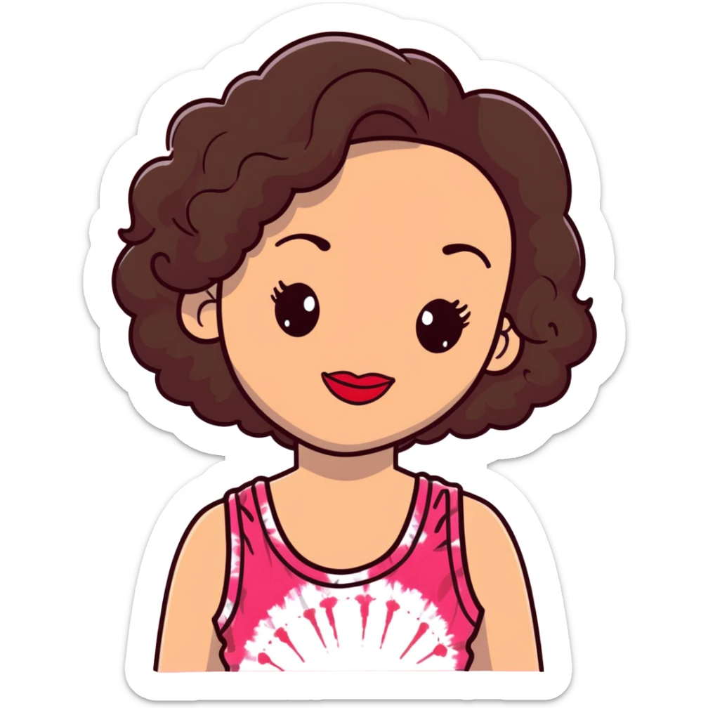 Artistic woman with fair skin, elongated face, abundant dark brown curly hair, large expressive almond brown eyes, full lips with soft red lipstick, wearing pink tie-dye tank top, maternal welcoming smile sticker