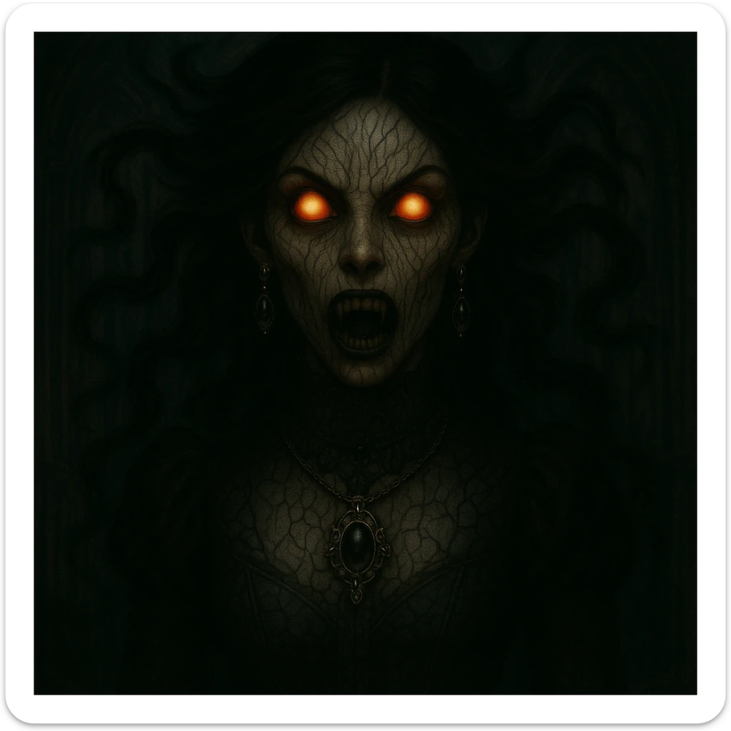 Add ornate gothic jewelry including a black lace choker, silver pendant, and dark gemstone earrings while keeping the horror and supernatural features intact. sticker