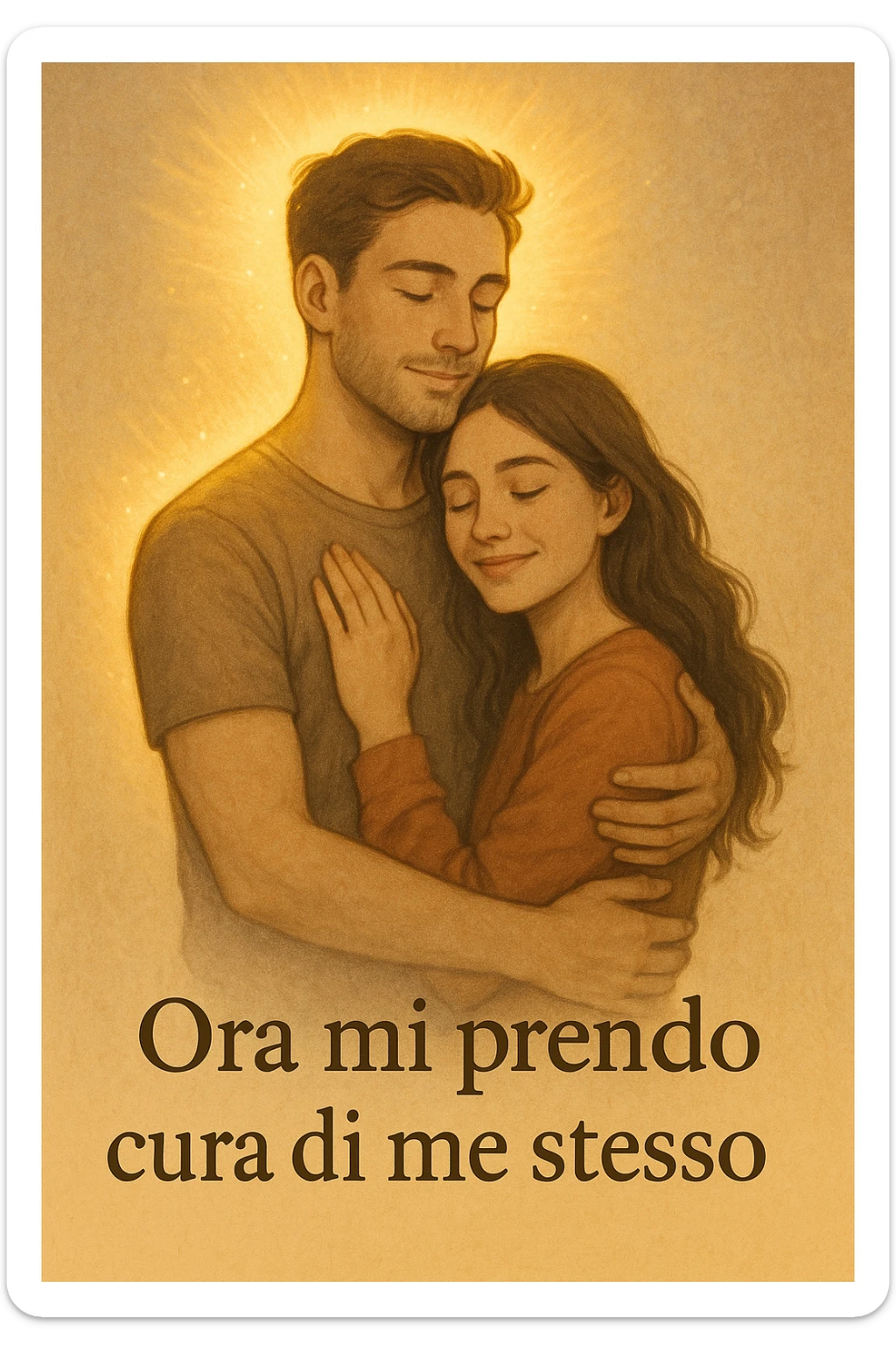 Vertical format: Couple embracing, the man with a luminous aura, the woman relaxed and smiling, atmosphere of serenity, text in Italian: 'Ora mi prendo cura di me stesso'. sticker
