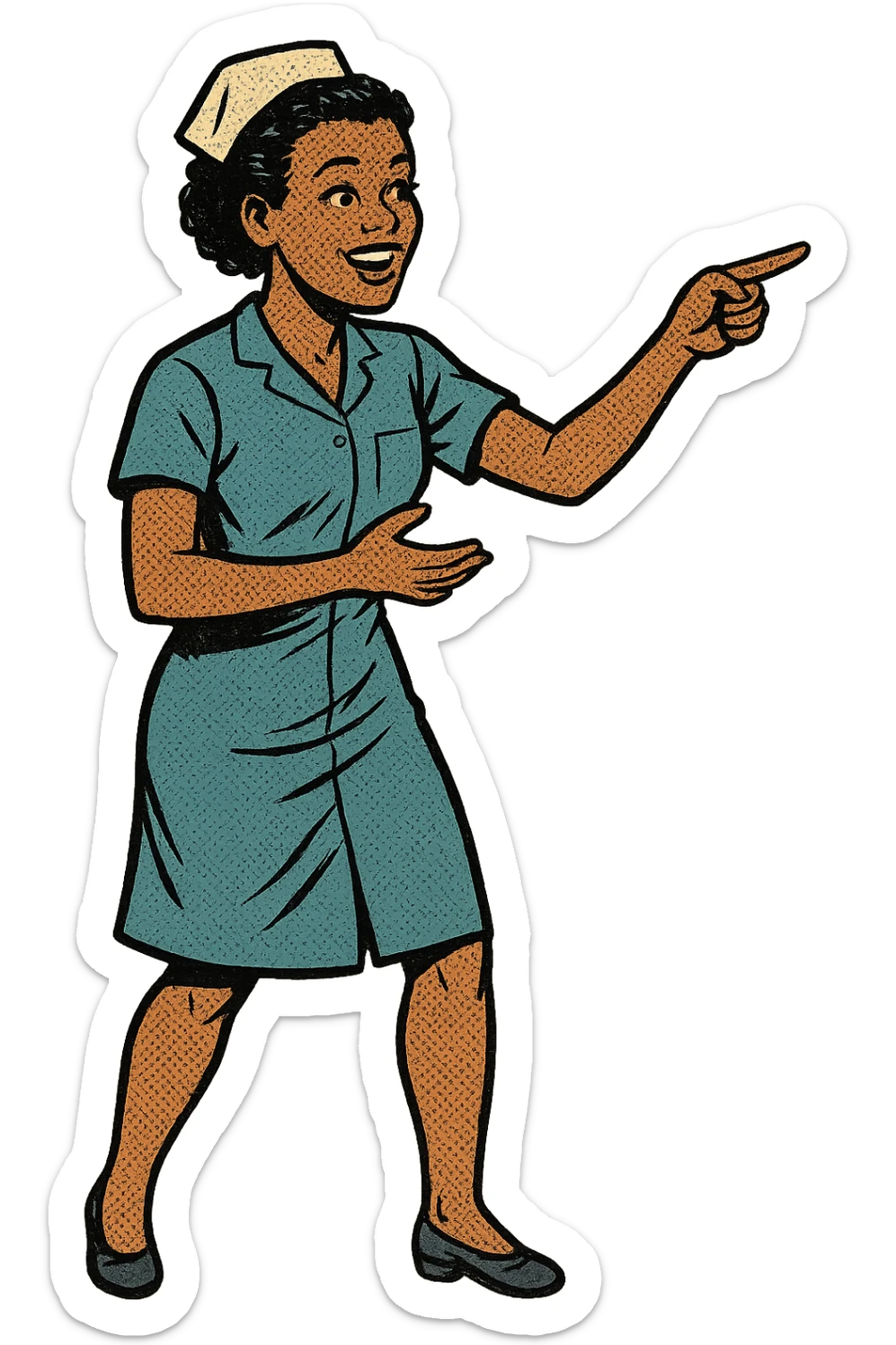 The full body of a caring young black female nurse with her hands pointing something out sticker