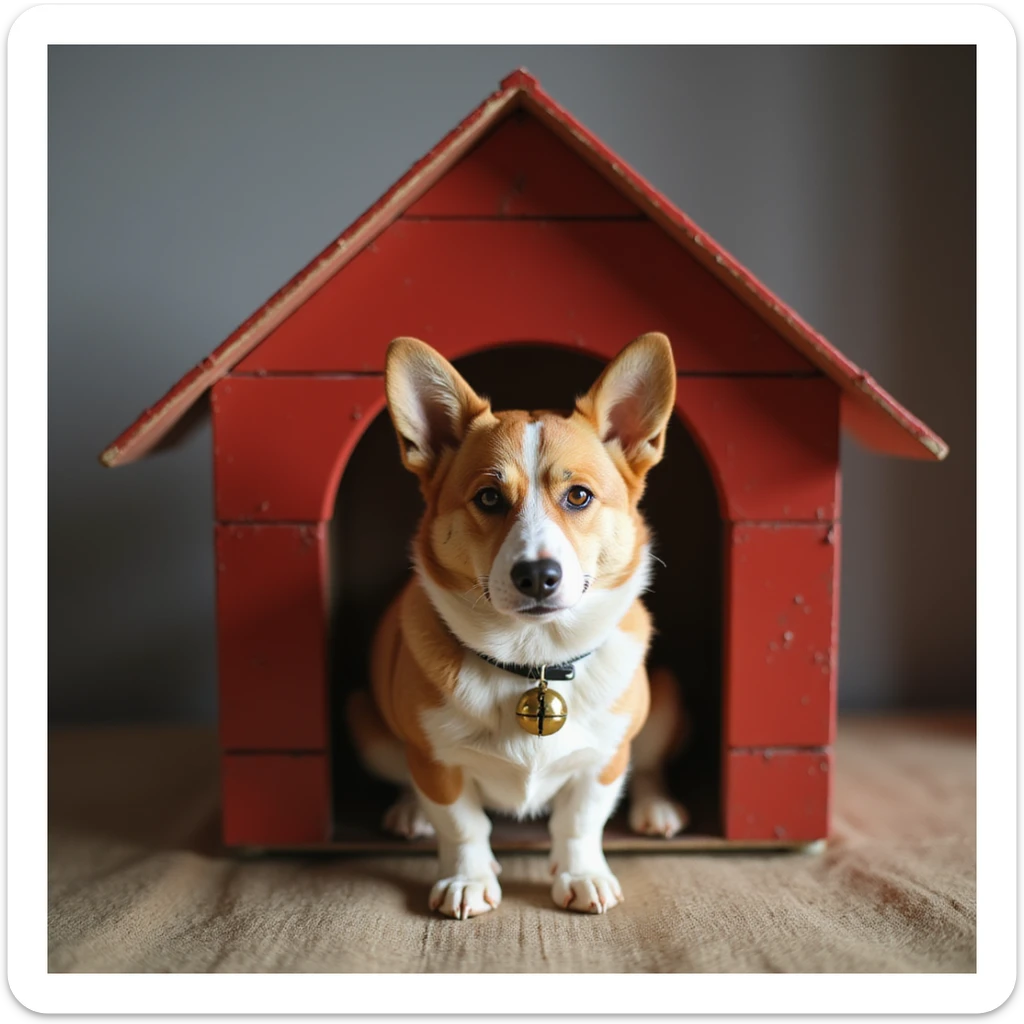 realistic red dog house with a Corgi dog inside, Corgi with a bell, photorealistic style sticker