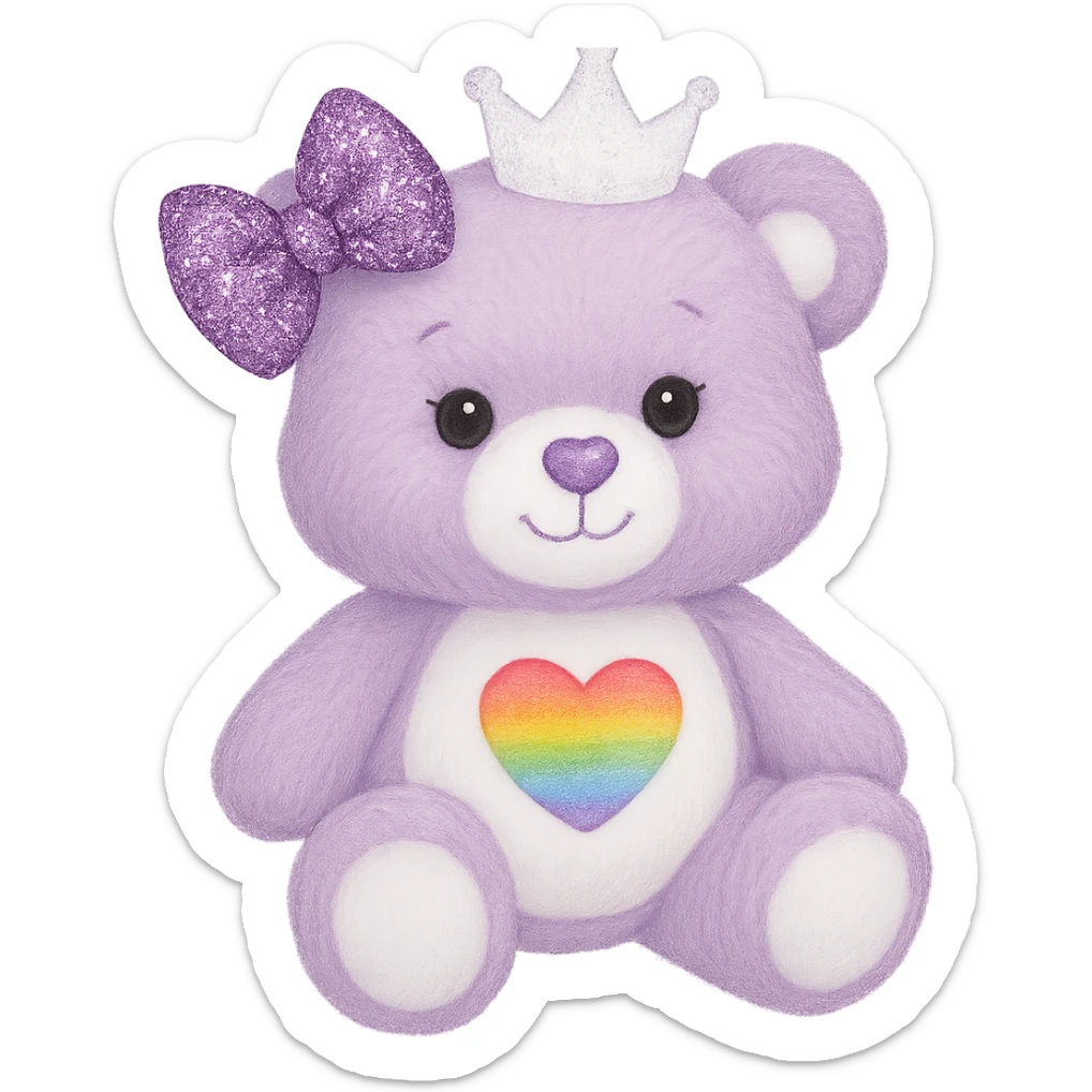 Add a glittery bow that sparkles to the purple and white teddy bear with a heart-shaped rainbow patch and a white crown. Keep the bear soft and plush, with no shadows and flat lighting. Remove the background. sticker