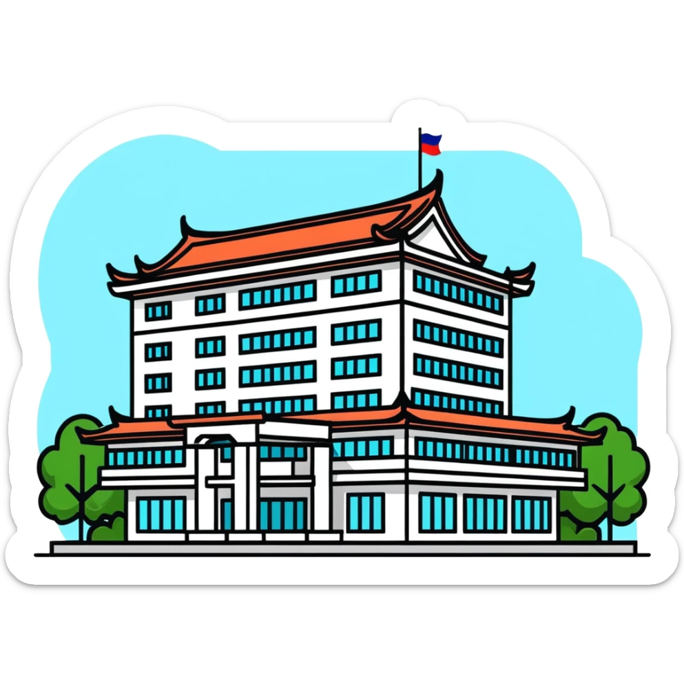 Bangkok hospital with traditional Thai roof details and modern medical facility sticker