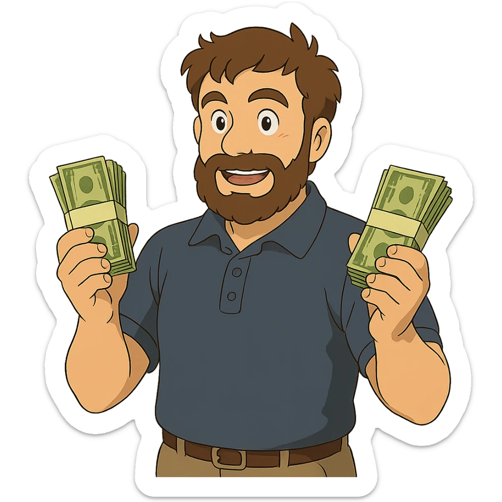 ghibli style bearded brown-haired man in a polo shirt holding bundles of bills sticker