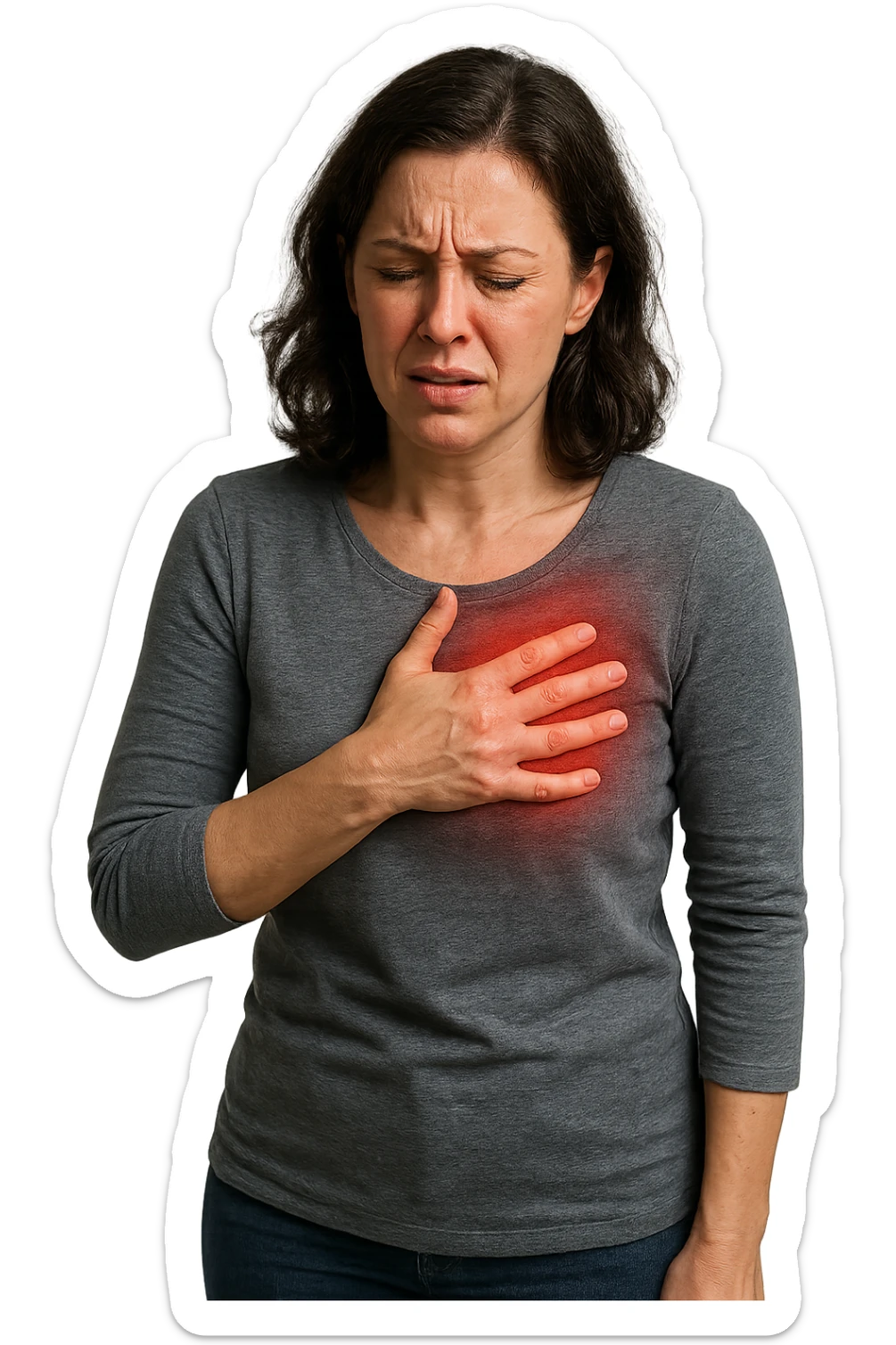 DONNA REALISTICA IN PIEDI CHE SI TOCCA IL PETTO CON ESPRESSIONE DI DOLORE IN VOLTO, IPERREALISTICO 4K sticker