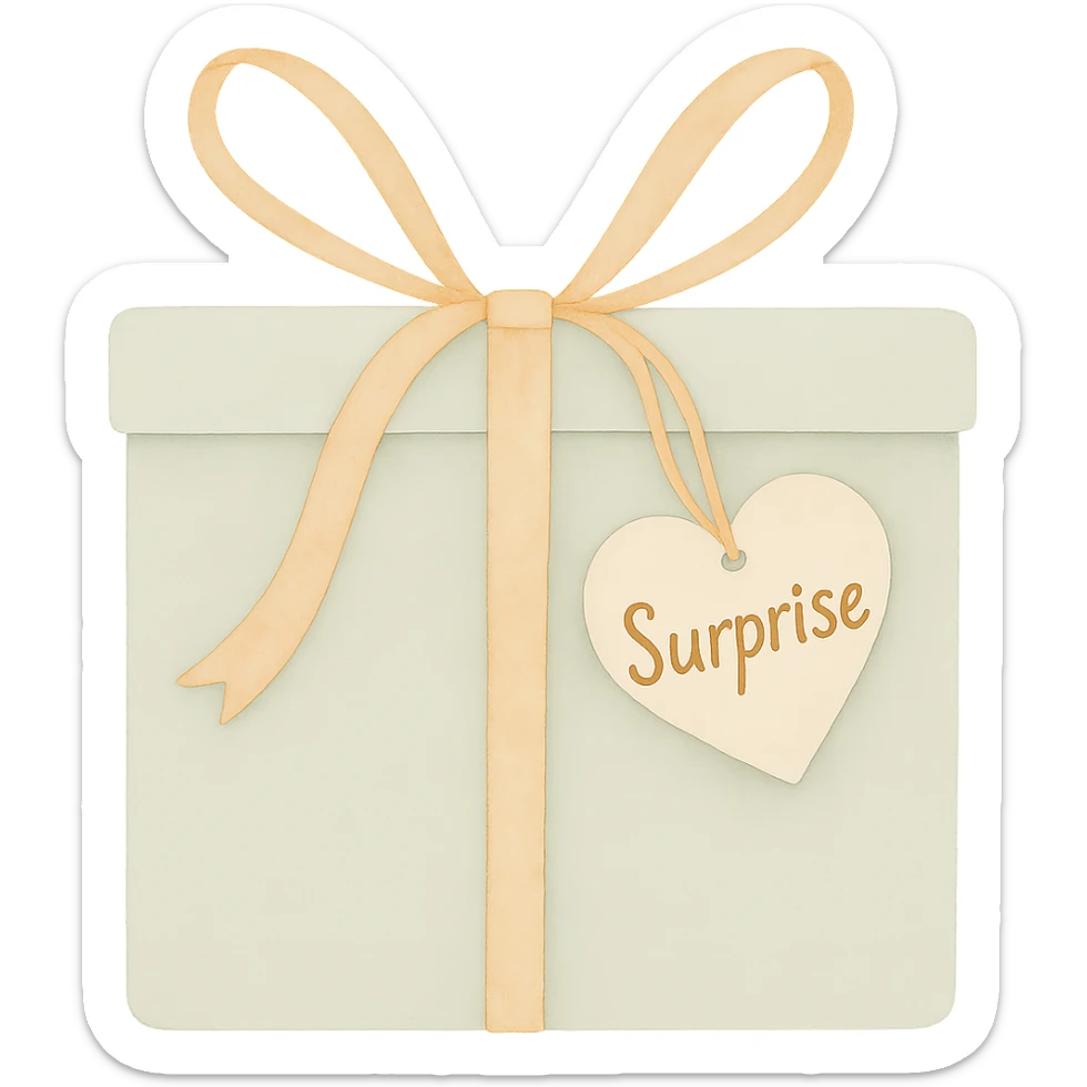 Change the name on the heart-shaped gift tag to 'Surprise', keep the watercolor art style, no background. sticker