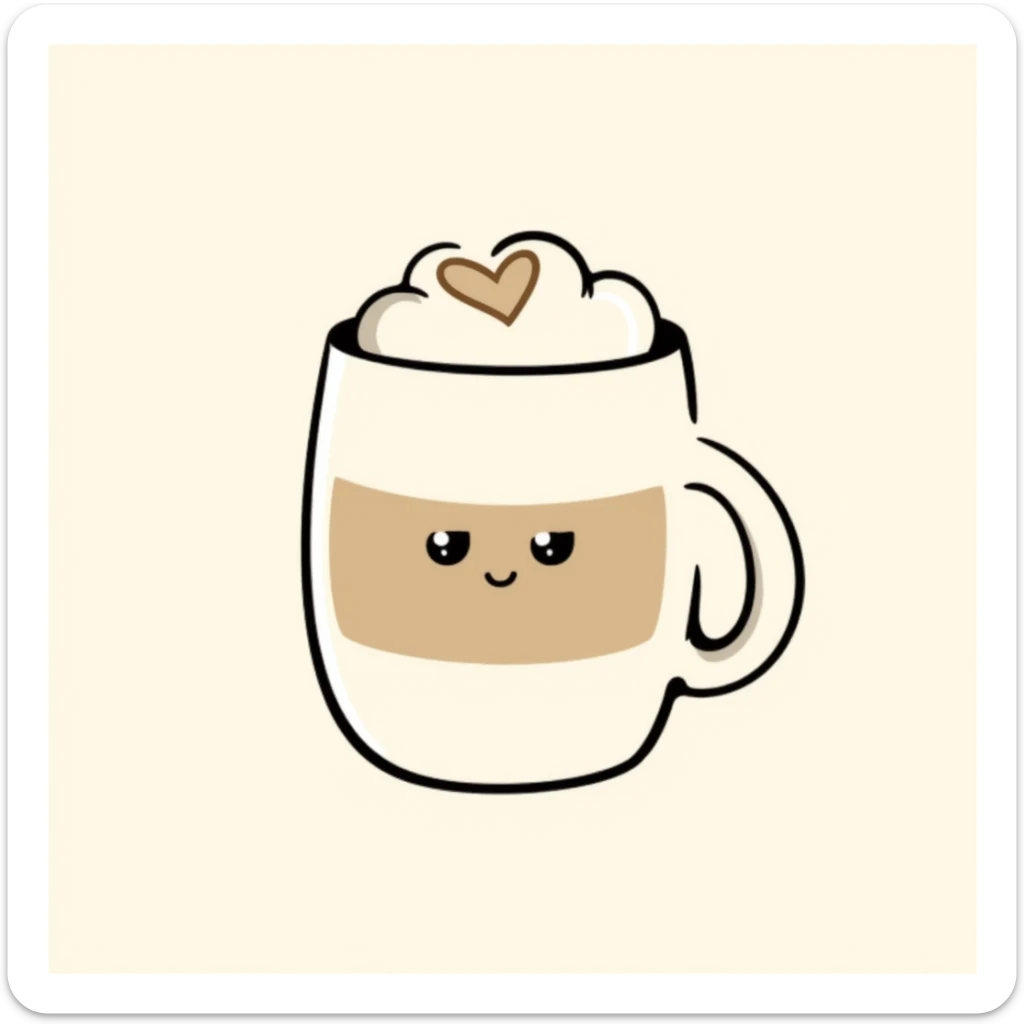 latte with heart foam and a cute face, caramel beige and coffee brown, dreamy hand-drawn Japanese style sticker