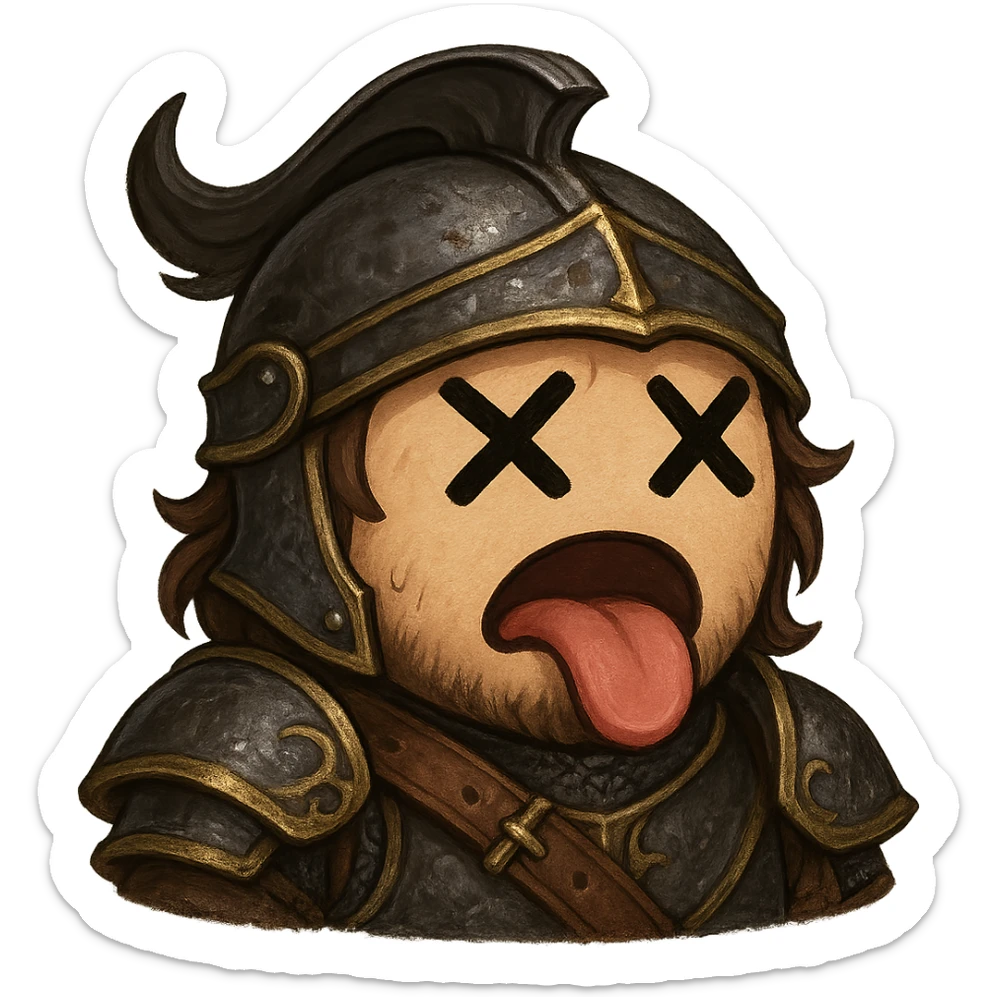 Black Desert Online inspired emoji of a dead character, stylized to match the game's fantasy MMO aesthetic, with expressive features and a humorous touch sticker