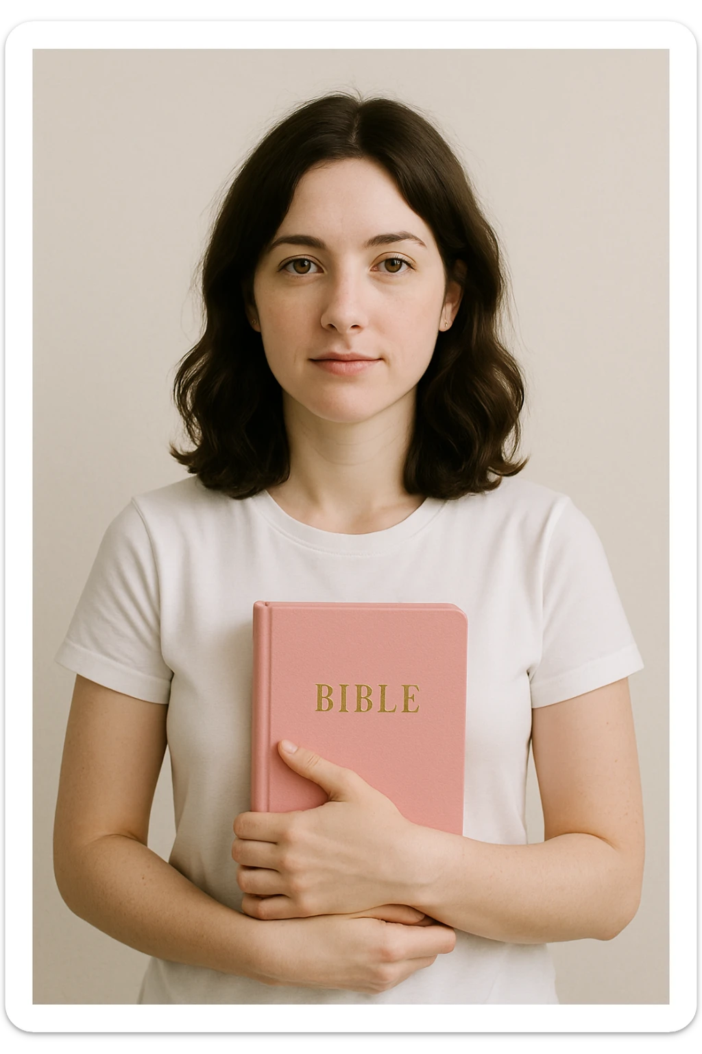 A pale brunette woman with shoulder-length wavy brunette hair, wearing a white t-shirt, holding a pink Bible, simple background sticker
