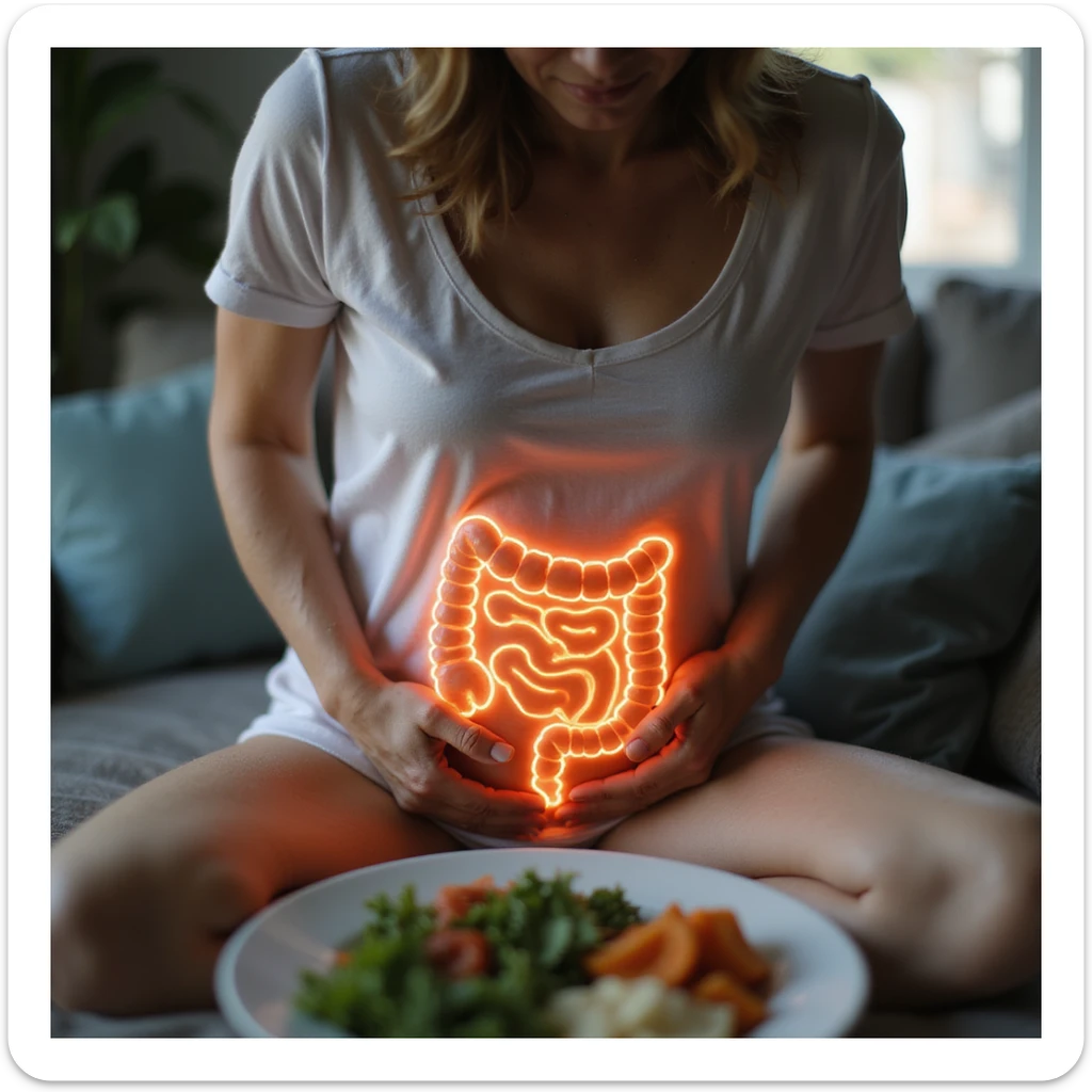 adult woman, photorealistic, intestinal pain, sitting with curved posture, hands on abdomen, healthy food plate, intestines highlighted with glow or transparency effect, natural light, kitchen background sticker