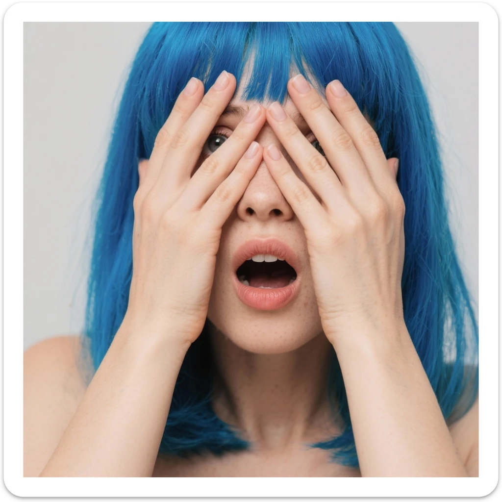 Woman with blue hair with hands over her eyes in disbelief  sticker
