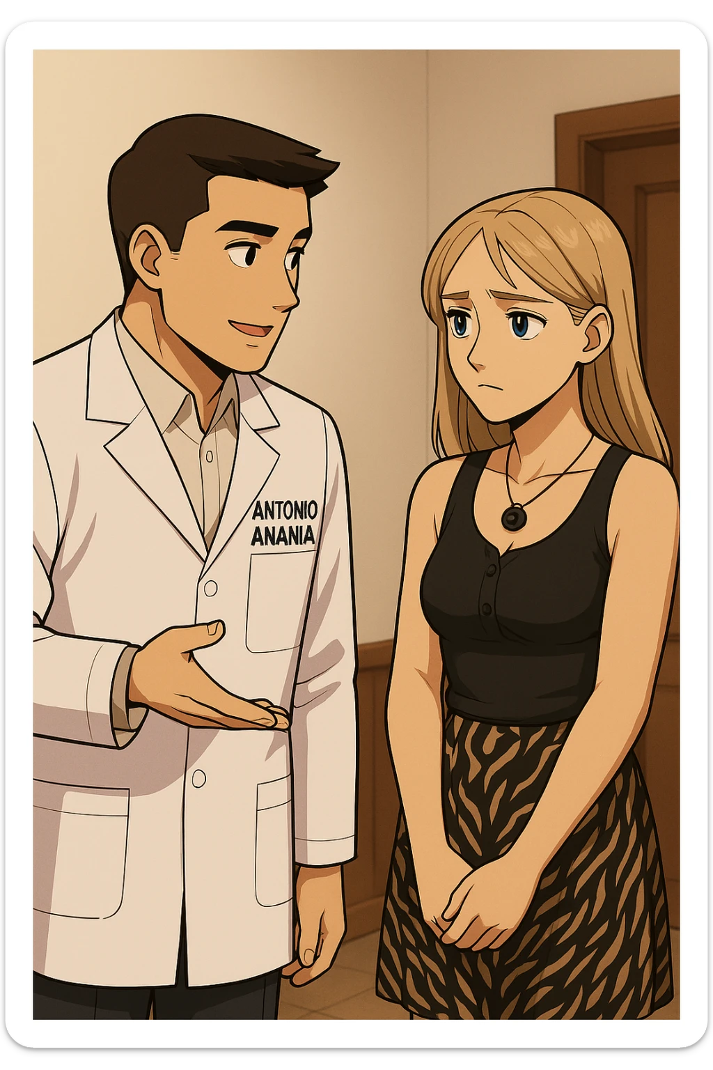 fai un webtoon/manga a colori con questo kinesiologo in camice bianco (fagli la scritta "ANTONIO ANANIA" SUL CAMICE) CHE PARLA CON QUESTA RAGAZZA CON GLI OCCHI AZZURRI. la ragazza gli fa una domanda preoccupata e IL KINESIOLOGO CON IL CAMICE BIANCO LE risponde. NON FARE I FUMETTI, FAI SOLO LORO COME SE DIALOGASSERO sticker