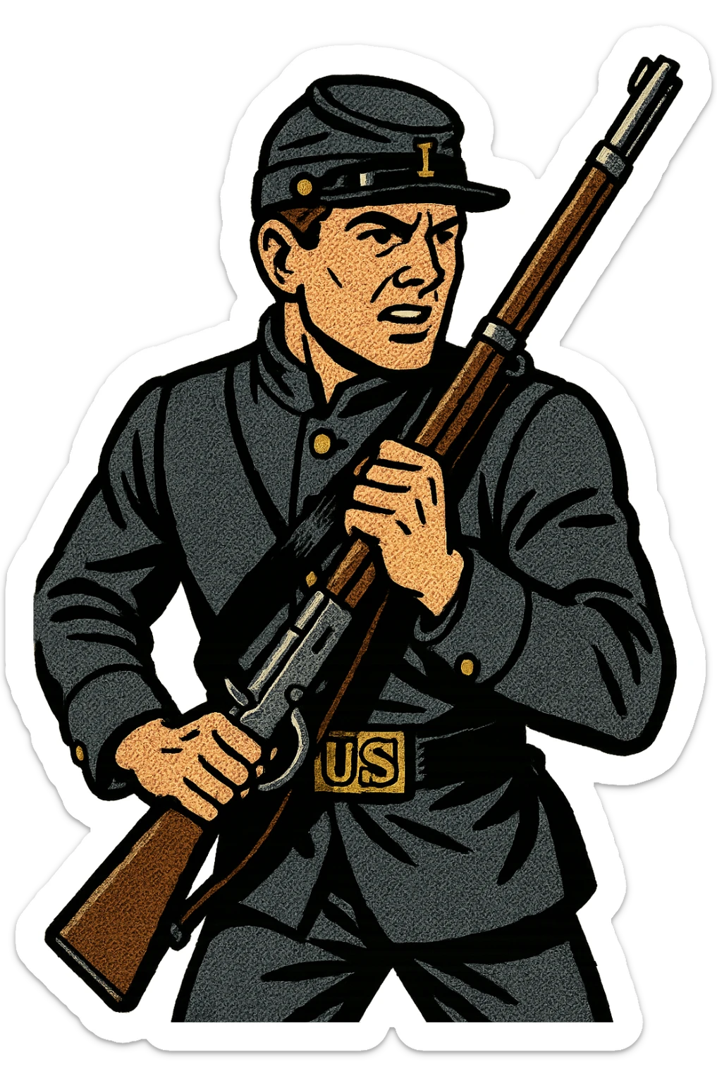 An American soldier from the 1860s in a union uniform carrying a rifle sticker