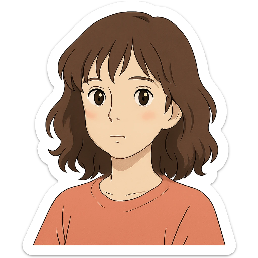 portrait of an Asian girl with medium brown wavy hair and brown eyes, paler skin tone, ghibli style sticker