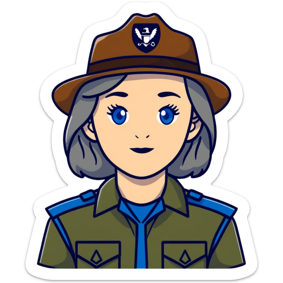 white woman park ranger with brown and gray hair and blue eyes sticker