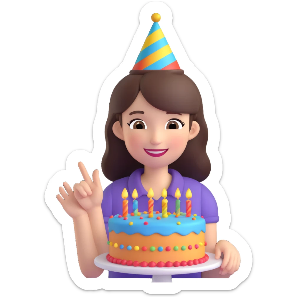 brunette girl celebrating her birthday, festive, colorful, smiling, party hat, cake sticker