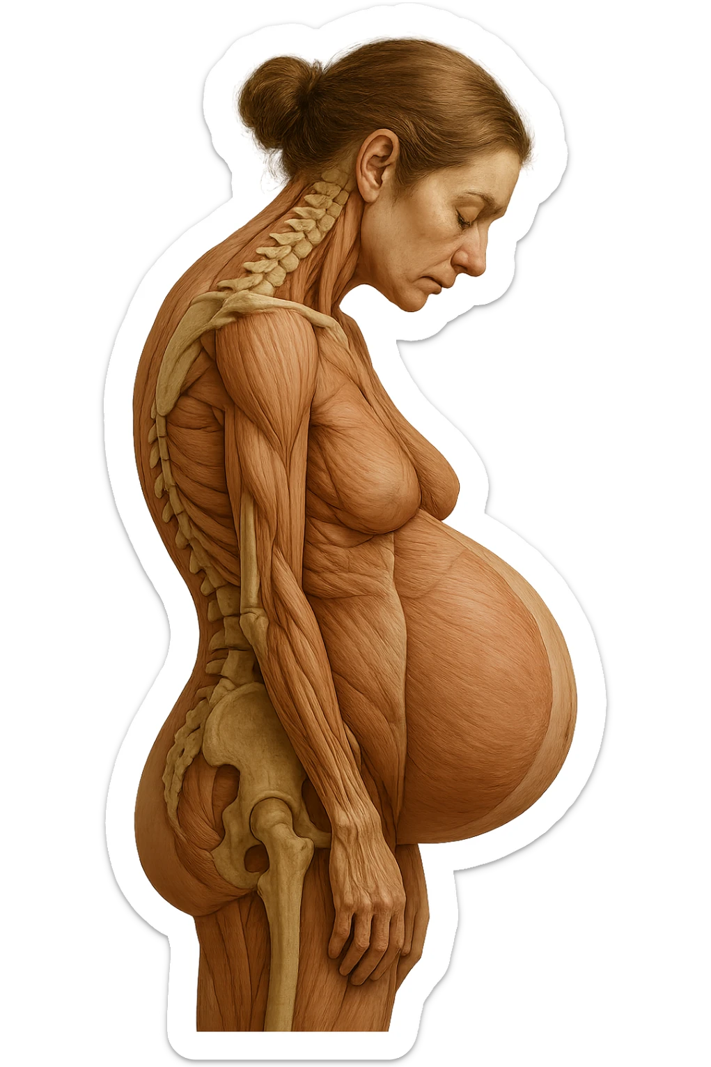 donna in gravidanza di profilo con spina dorsale in evidenza, postura storta, spalle chiuse in avanti, iperrealistica 4k sticker