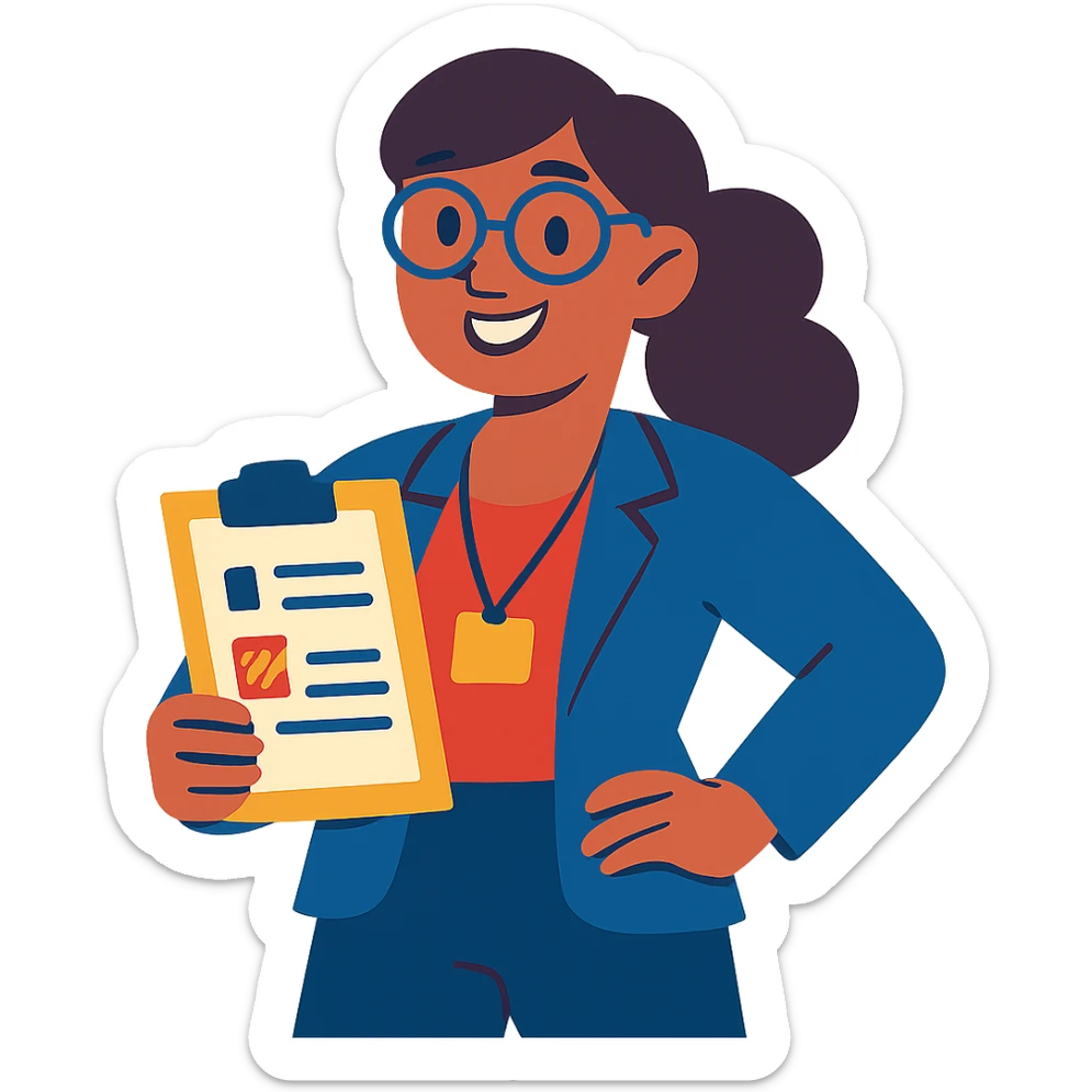 a cheerful and confident female project manager in a business casual outfit, smiling sticker