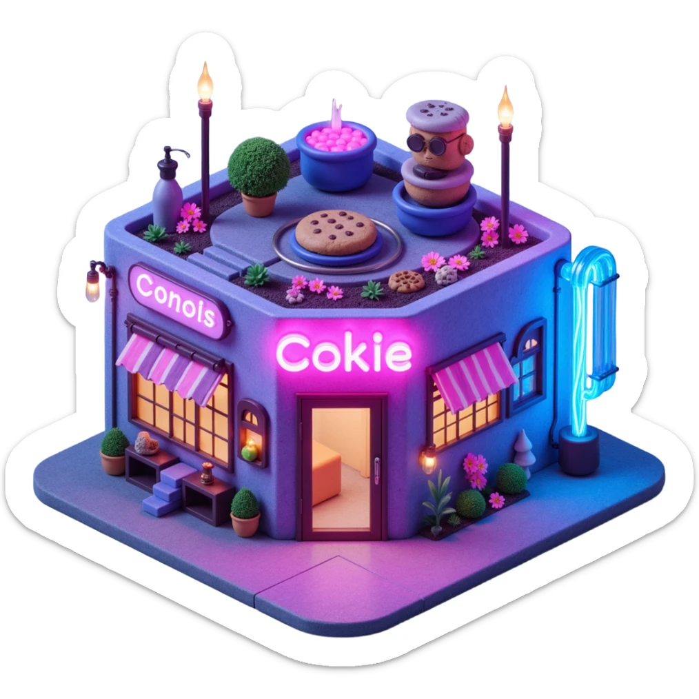 Exterior of a cyberpunk cookie factory, neon lights outlining the building, laser beams scanning the entrance, glowing pipes in electric blue and pink wrapping the facade, emoji-style sticker