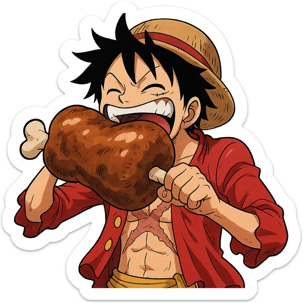 Luffy eating a big piece of meat, happy facial features, dynamic anime style sticker