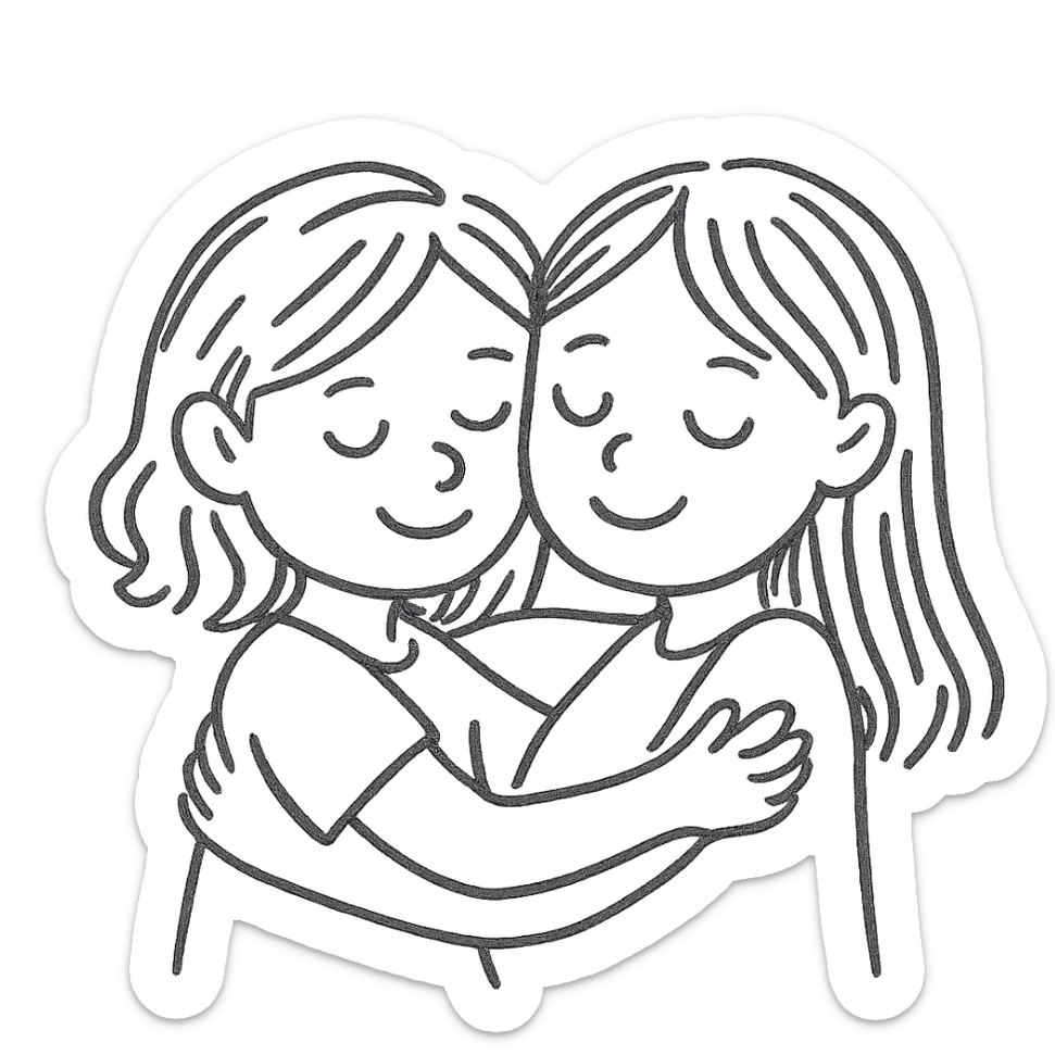 Two girls in a loving embrace, hand-drawn icon with black outlines, no fill sticker