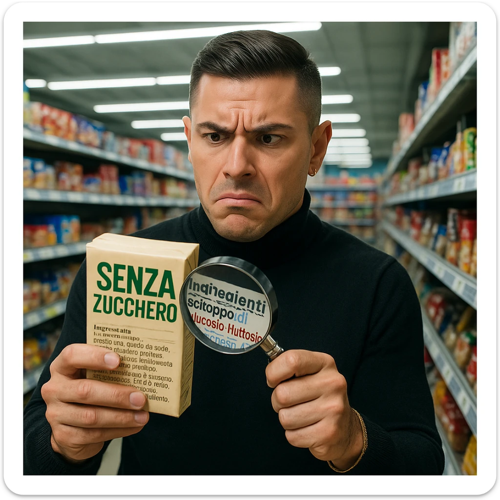 Man in supermarket, holding a product labeled 'SENZA ZUCCHERO', ingredient list with 'sciroppo di glucosio-fruttosio' in bold red, confused face, floating magnifying glass on the label, hyper-realistic, harsh fluorescent lighting. Variant 3. sticker