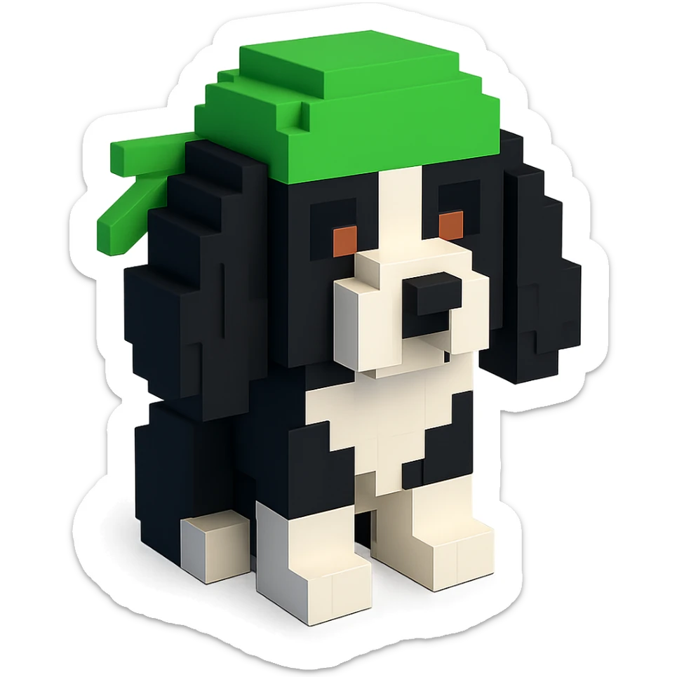 A black and white Russian Cocker Spaniel puppy wearing a green durag, facing forward sticker