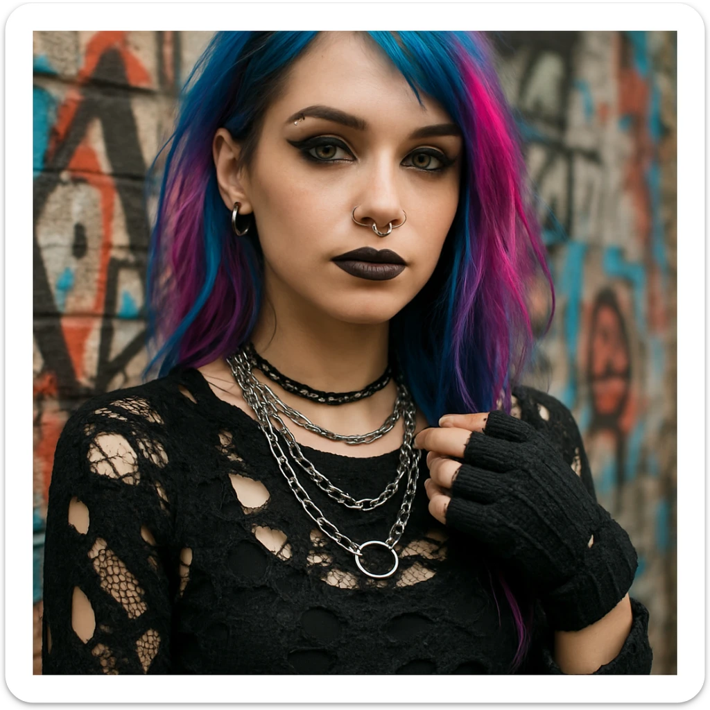 alt style girl with piercing and colorful hair, alternative fashion sticker