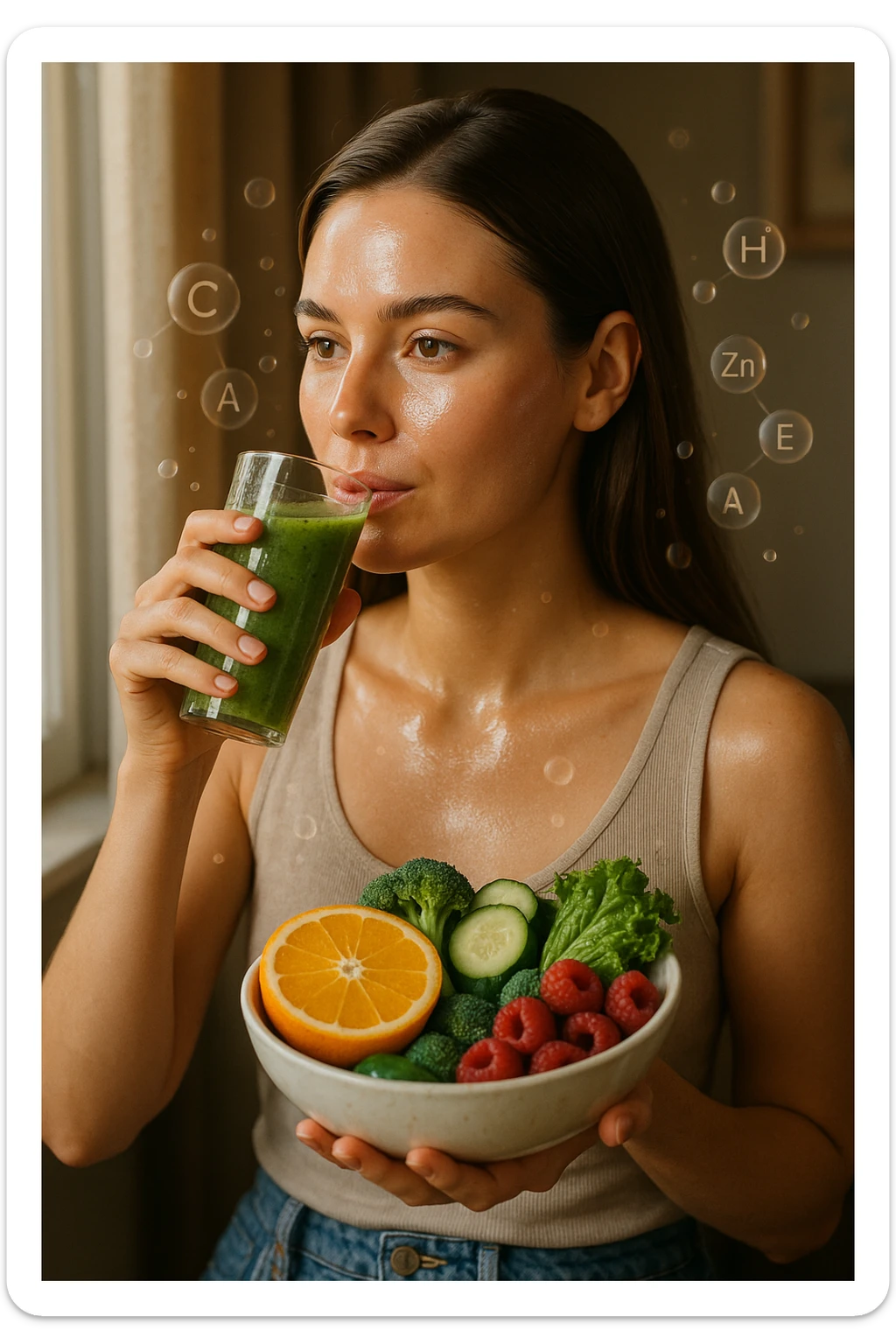 A highly realistic, cinematic portrait of a young woman in her late 20s with glowing, clear, healthy skin and a vibrant scalp with strong, shiny hair, symbolizing internal health reflecting outward. She has a calm, confident expression while sitting by a window with warm daylight softly illuminating her face, highlighting smooth, hydrated skin with a natural glow. Her hair appears clean, full, and strong, indicating a healthy scalp and balanced sebum production. She is drinking a glass of green smoothie rich in antioxidants and holding a bowl of colorful fruits and vegetables, symbolizing how internal nutrition supports skin and scalp health. Subtle, softly glowing overlays of molecular symbols for vitamins, minerals, and hydration molecules gently swirl around her, visually representing the concept of beauty and skin health from the inside out. Style: 35mm hyperrealistic film look, warm tones, soft depth of field, focusing on clear skin texture, healthy scalp, and vibrant hair to inspire holistic wellness sticker