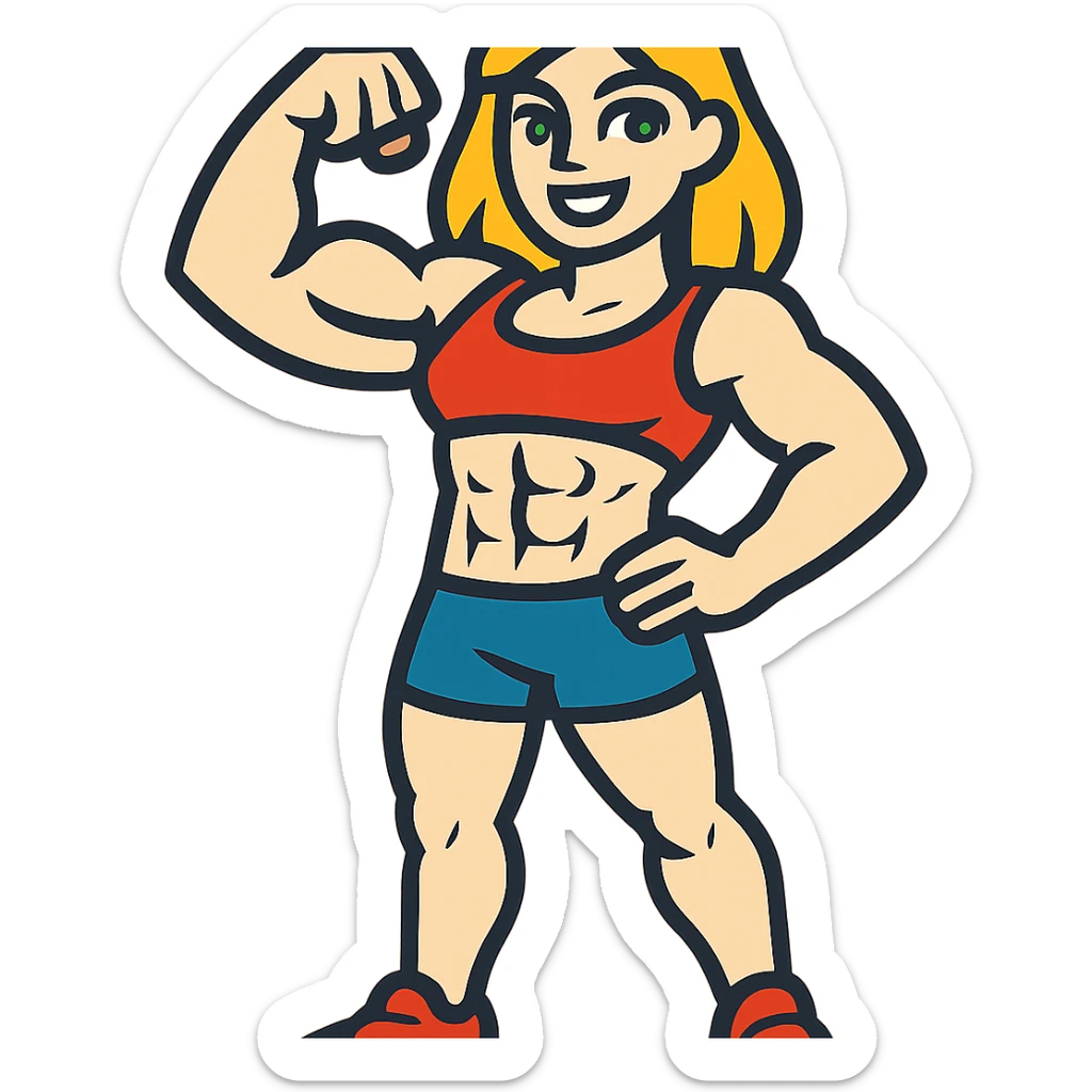 full body pose of a muscular white girl with blonde hair and green eyes, flexing 6 pack abs and one arm bicep sticker