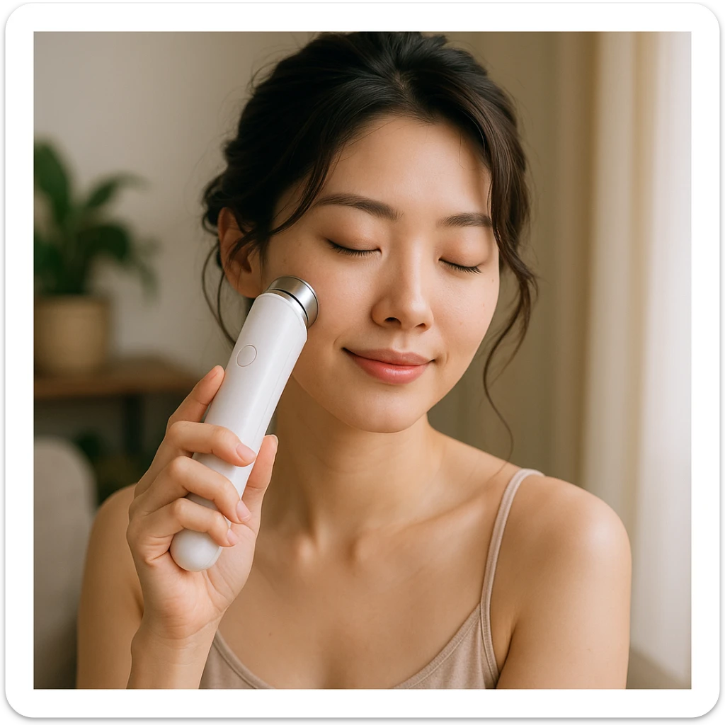 Korean woman doing skin care with a beauty device, stylish hairstyle, relaxed atmosphere sticker