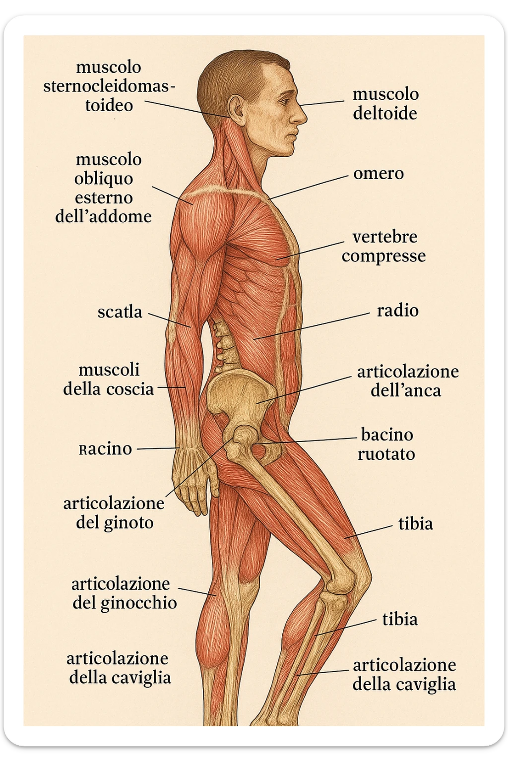 realistic anatomical illustration: lateral view of human body, rotated pelvis and compressed vertebrae, evident anatomical details, captions in Italian, aspect ratio 2:3. sticker