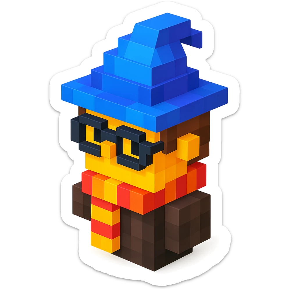 3D Minecraft-style voxel emoji of a wizard with a scarf, inspired by Harry Potter, blocky and cubic sticker