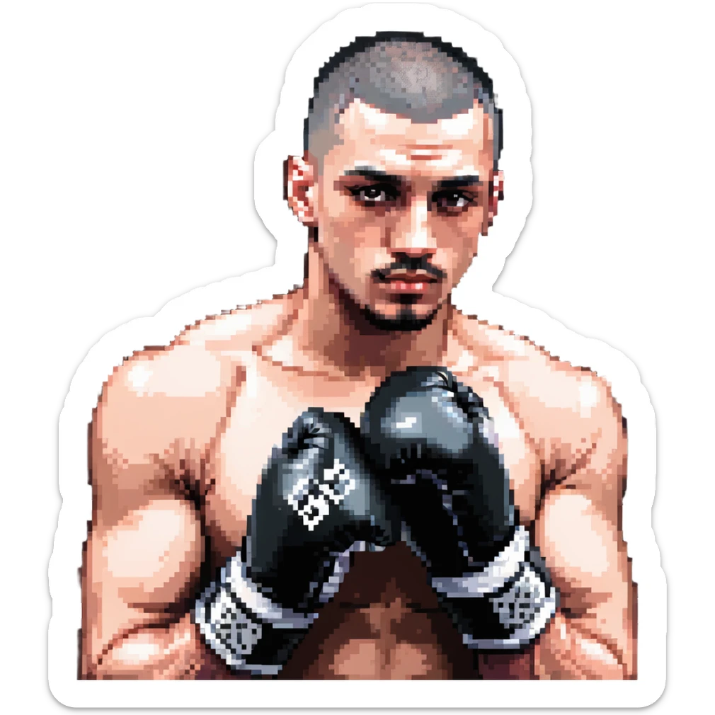 white man with dark hair, dark eyes, buzzcut faded haircut, wearing boxing gloves sticker